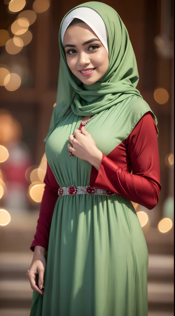 RAW, Best quality, high resolution, work: 1.3, beautiful Malay woman in hijab, beautiful big eyes, smiling, beautiful face, shiny lips, soft smile, medium portrait, watery eyes, big breasts, woman in araffe wearing a red and white dress and a white scarf, modest flowing gown, ( ( dark green, long dress female, green tunic, dress, stylish dress, detailed picture, dark red, dark red dress, idian dress, full body red dress, full covered dress, long tunic, sea - red and white clothes, red dress, an elegant red, background, bokeh,