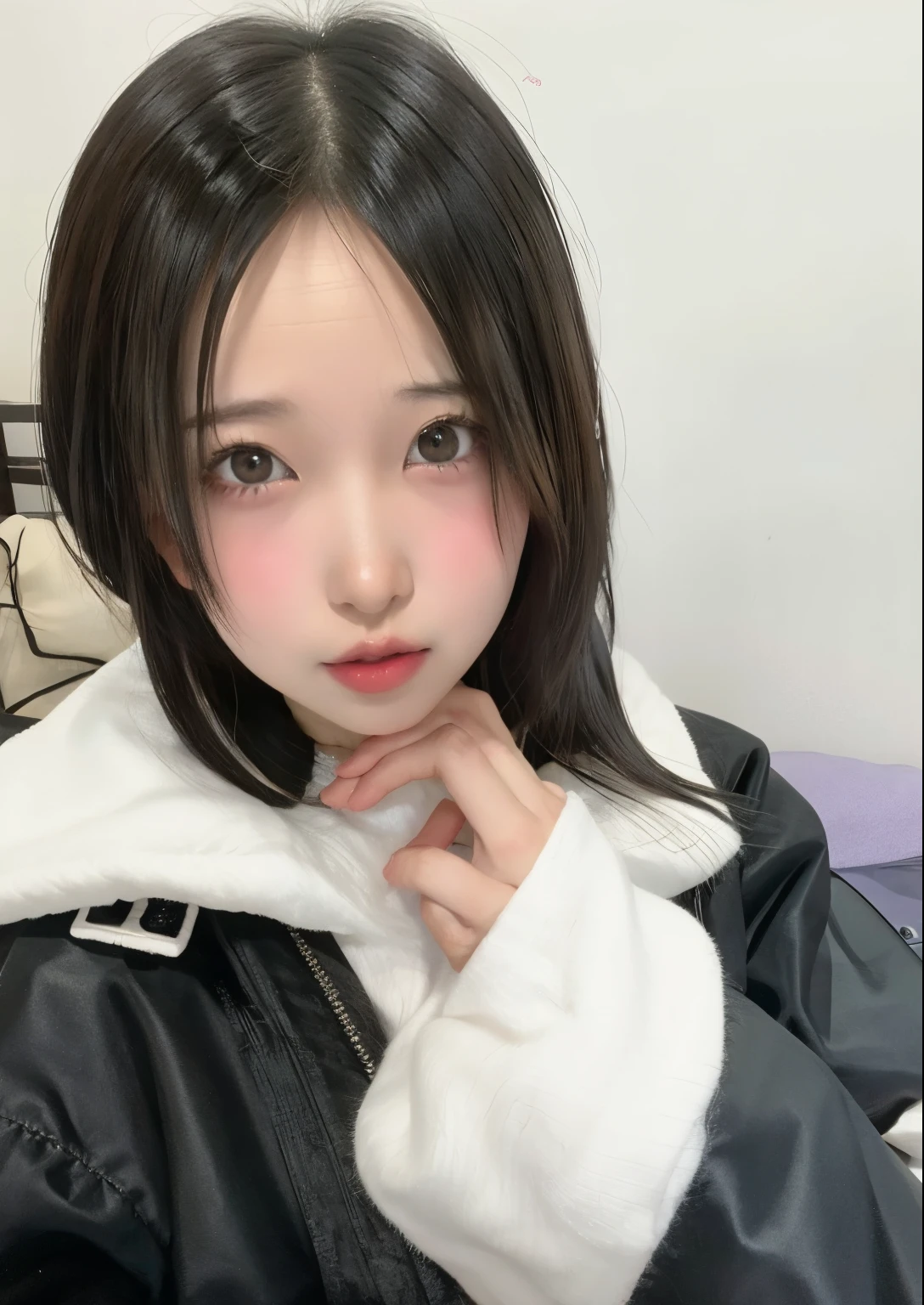Arafed Mujer con una chaqueta de cuero negro posando para una foto, ulzzang, Jinyoung Shin, pale snow white skin, Xintong Chen, Xision Wu, chica linda-fina-cara, con cara linda - fina -, Chiho, Chica coreana, Sakimichan, Wan adorable cara coreana, pale fair skin!!, young cute wan asian face