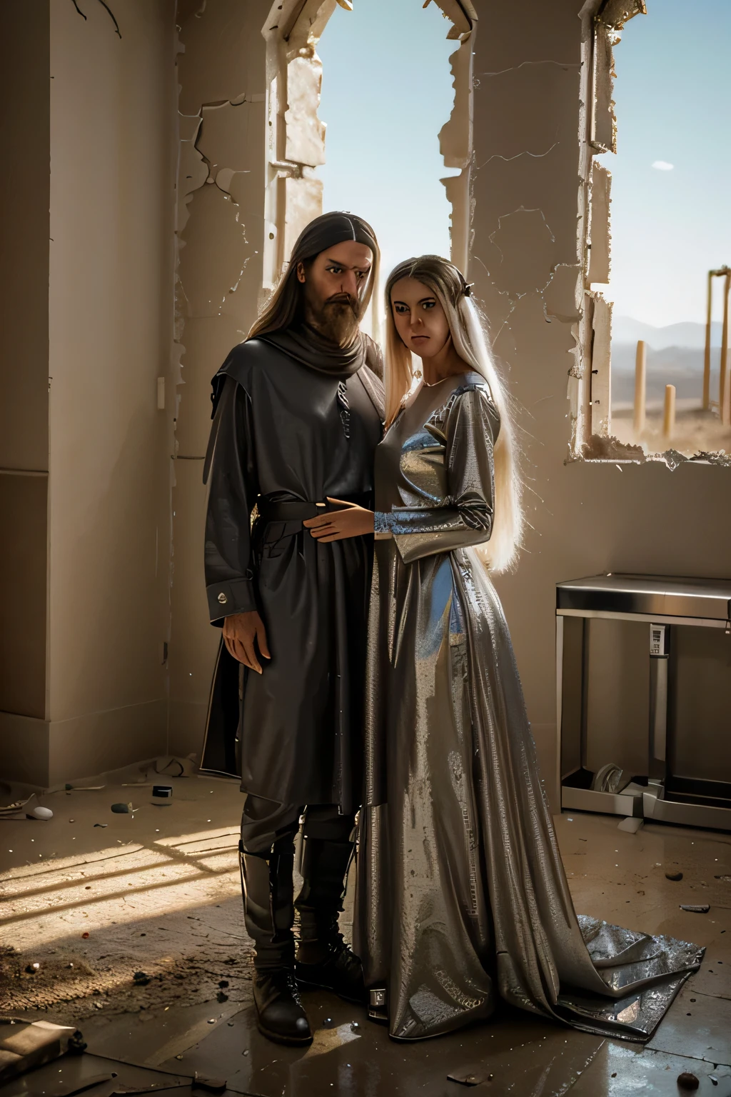 hyper-realistic macro photography of a couple of full-body humanoid priests covered in shiny gray cotton robes, inside the room of an abandoned ruin in the desert, nikon d810 camera, 24mm2.8 lentes com 2.Abertura 8, golden hour sunset light , rustic walls, Biblical times, Estilo Mad Max