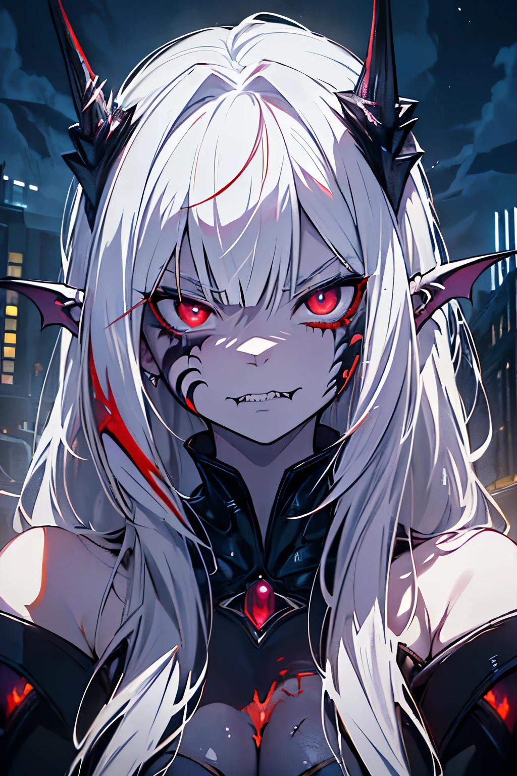 masterpiece, best quality, ((1girl)), (colorful),(finely detailed beautiful eyes and detailed face),cinematic lighting,extremely detailed CG unity 8k wallpaper, sky, cloudy_sky, building, moonlight, moon, night, (dark theme:1.3), light, fantasy, ((red Eyes)) ((White Skin)) ((Vampire Ears)) (((Long White Hair)) ((agressive expression)) ((Vampire Queen)) ((Monster Queen)) ((Alien Queen)) ((Monster)) ((Scales)) ((Scarred Face))