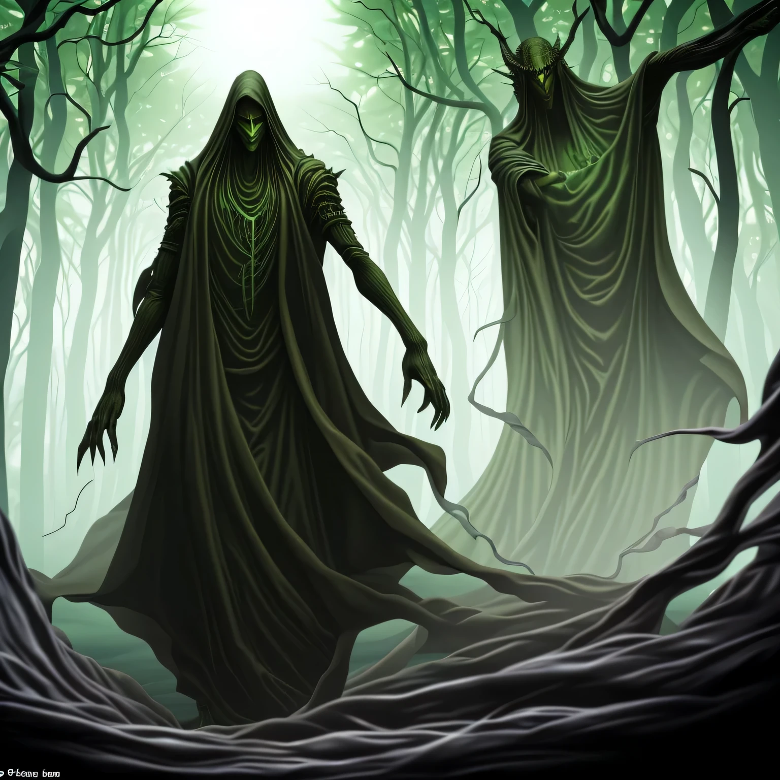 Mystic, dark, green smoked murky swamp, where a an ominous figure is lurking behind it with glowing eyes and long dainty sharp long fingers, with long thin messy hair looking like a skinwalker wendigo mystic creature. The figure slightly glows is light grey color