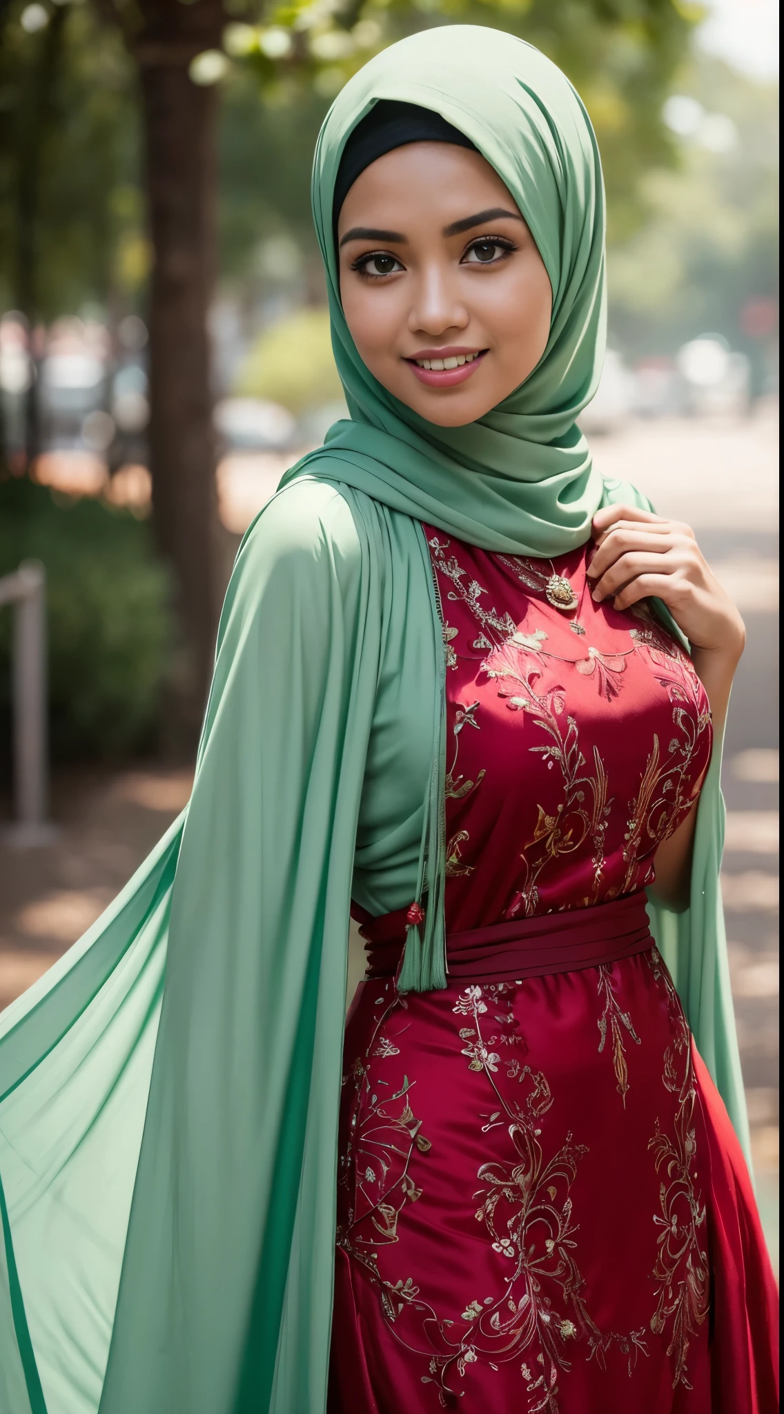 RAW, Best quality, high resolution, work: 1.3, beautiful Malay woman in hijab, beautiful big eyes, smiling, beautiful face, shiny lips, soft smile, medium portrait, watery eyes, big breasts, woman in araffe wearing a red and white dress and a white scarf, modest flowing gown, ( ( dark green, long dress female, green tunic,  dress, stylish dress, detailed picture, dark red, dark red dress, idian dress, full body red dress, full covered dress, long tunic, sea - red and white clothes, red dress, an elegant red, background, bokeh,