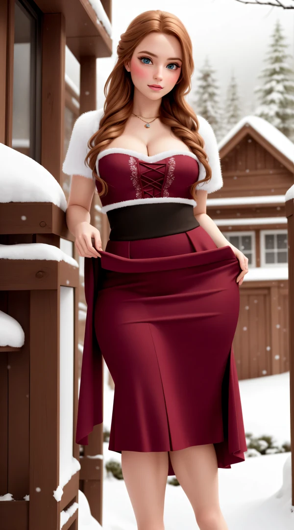 woman, ((Masterpiece, best quality)), detailed skin, highly detailed, cinematic lighting, ultra realistic, blush, looking at viewer,  anna, anna from frozen, princess, disney, brown hair, long hair, portrait, outdoor, snow,  cleavage,  large breasts,  wide hips, full body view, tall, 
skirt, miniskirt, microskirt, pleated skirt, thighs,