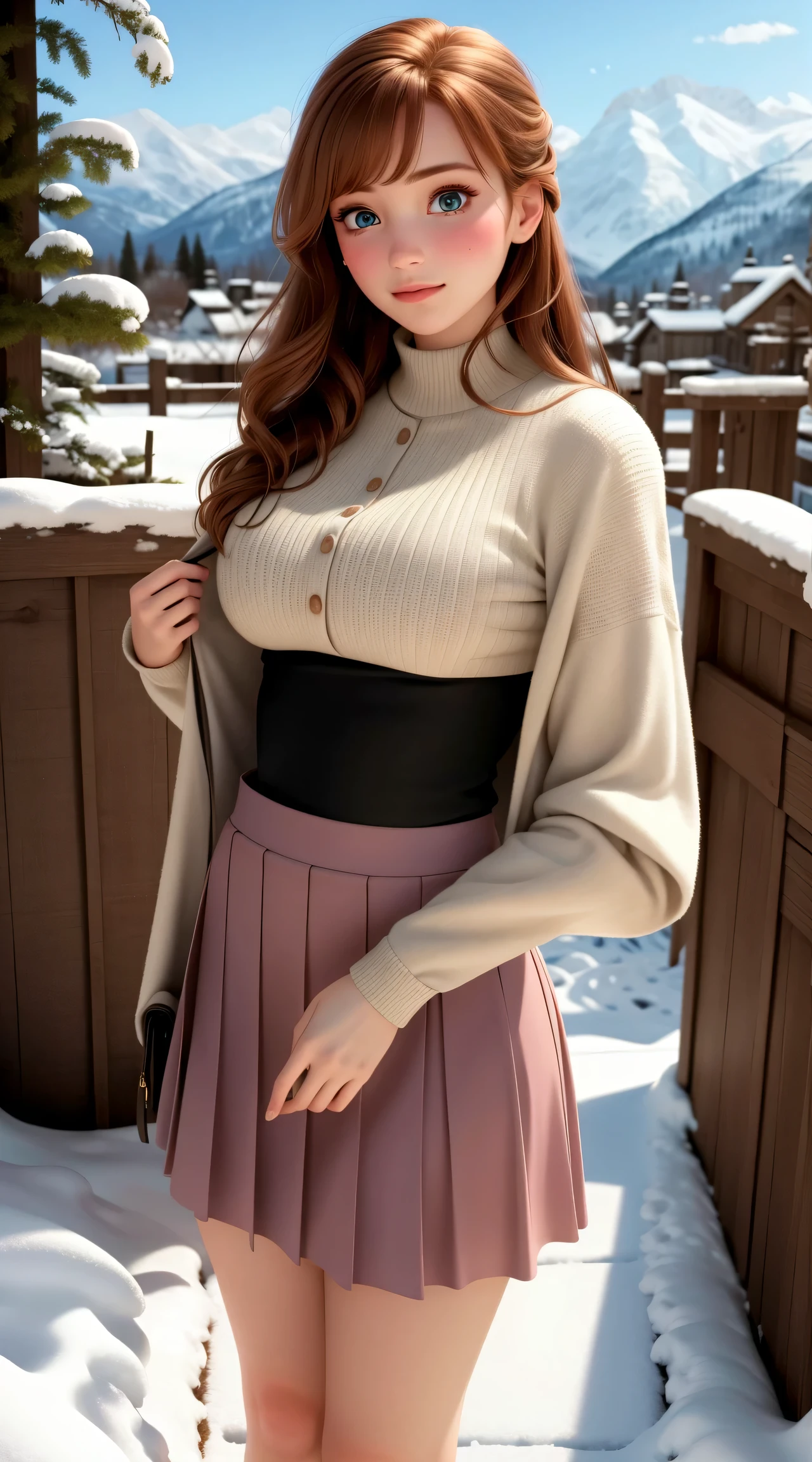 woman, ((Masterpiece, best quality)), detailed skin, highly detailed, cinematic lighting, ultra realistic, blush, looking at viewer,  anna, anna from frozen, princess, disney, brown hair, long hair, portrait, outdoor, snow,  cleavage,  large breasts,  wide hips, full body view, tall, 
skirt, miniskirt, microskirt, pleated skirt, thighs,