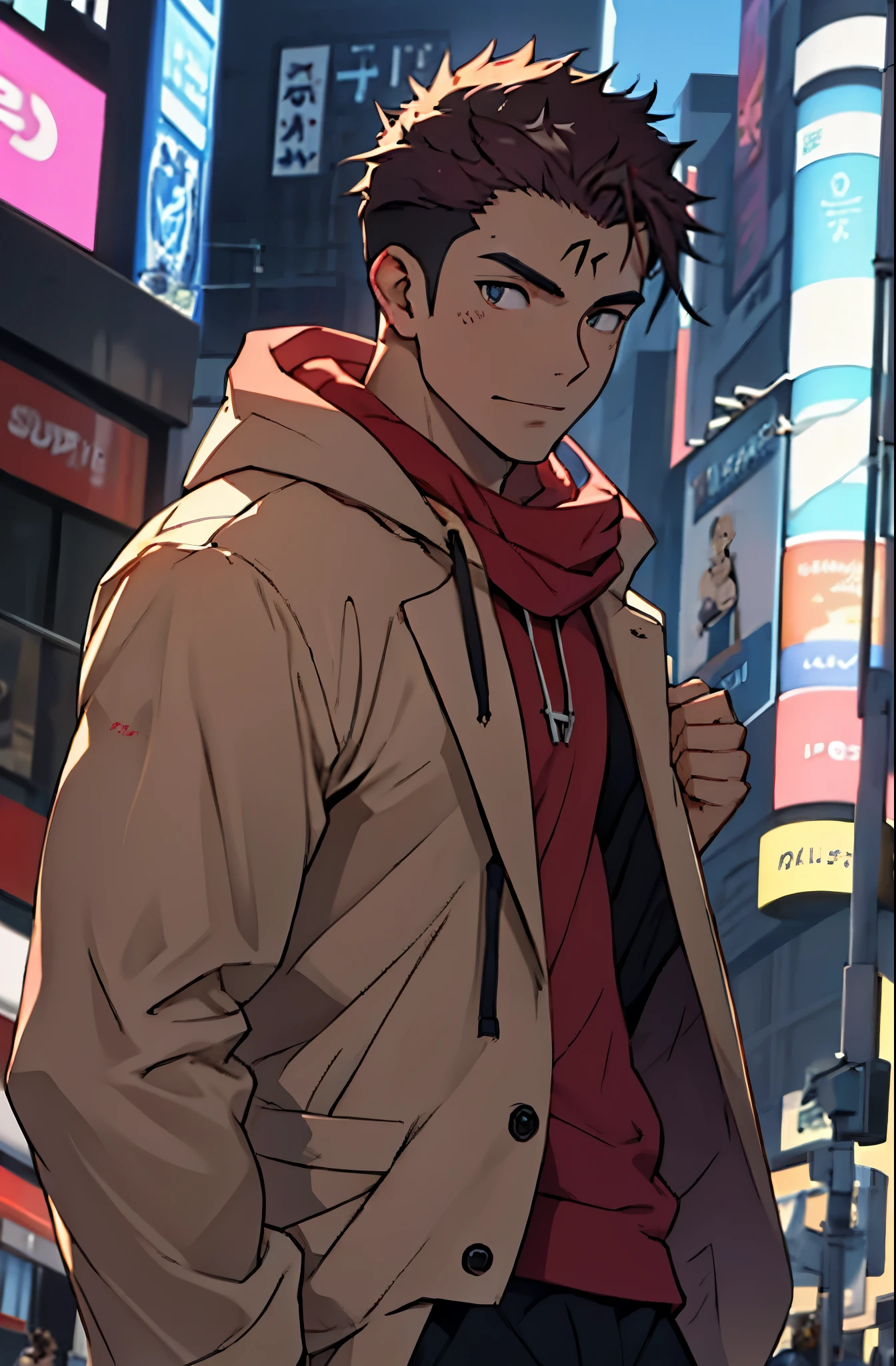 A mais alta qualidade, 8K, image high resolution, Detailed strokes, no meio de uma avenida movimentada estilo Times Square, inverno, apoiado em um dos postes, adolecente, Yuji Itadori, Dark Pink Hair , wearing a cold jacket , slightly unbuttoned jacket showing a bit of his chest, masculo, chest a little tight in the shirt , (angulo de baixo), (Rosto Perto), pernas definidas, defined arms, abdomen definido, com a camisa,