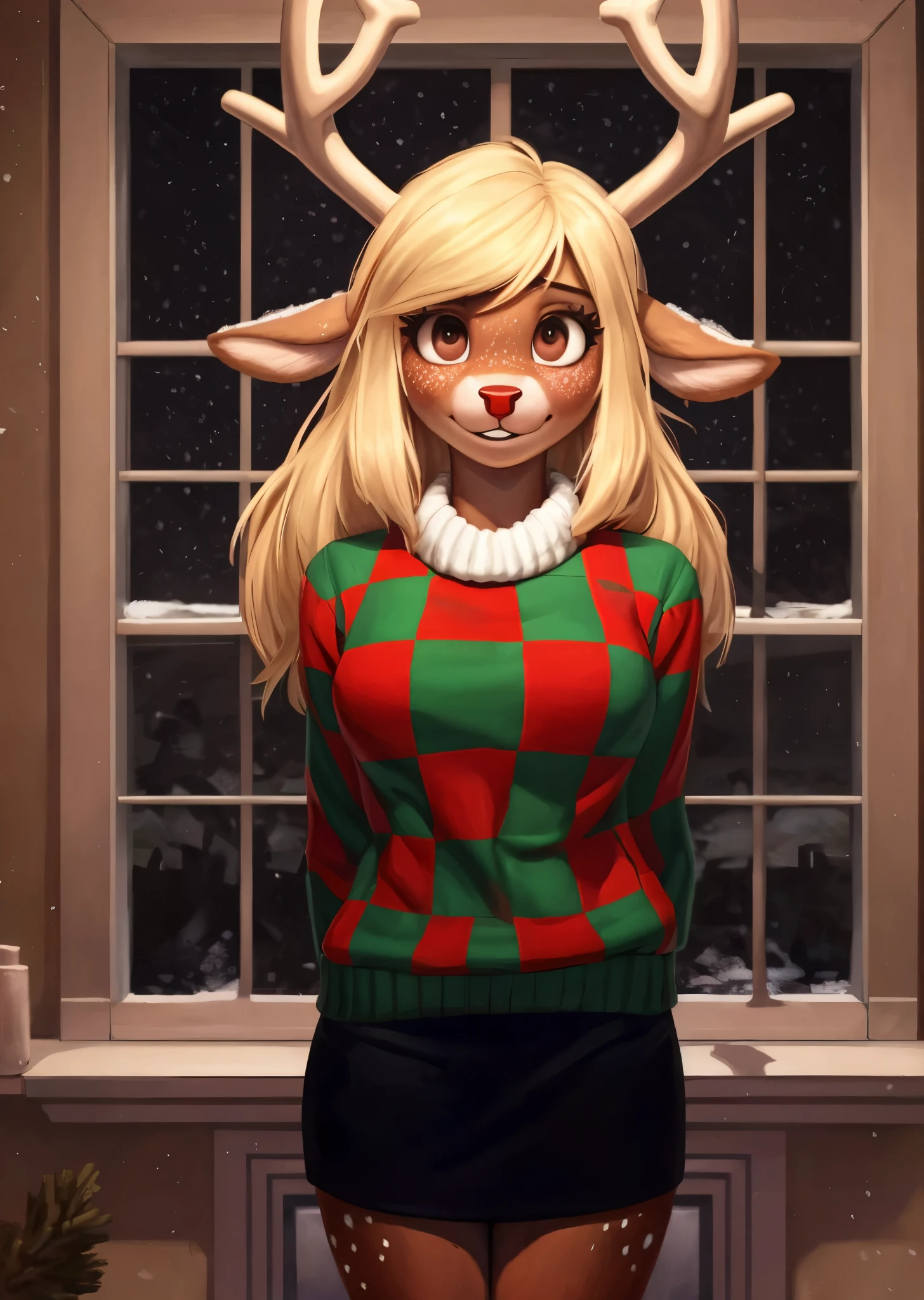 [noelleholiday], [Deltarune], [Uploaded to e621.net; (Pixelsketcher), (wamudraws), (woolrool)], ((masterpiece)), ((HD)), ((highres)), ((solo portrait)), ((front view)), ((waist up)), ((furry; anthro)), ((detailed fur)), ((detailed shading)), ((beautiful render art)), ((intricate details)), {anthro deer; brown fur, red nose, brown eyebrows, (cute freckles), cute brown eyes, (short eyelashes), (deer antlers), long blonde hair, short fluffy tail, (beautiful defined legs), (blushing), (nervous smirk)}, {(green and red white-collared checkered sweater), (black sleeves), (short black pencil skirt)}, {(standing), (looking at viewer)}, [background; (living room), (fireplace), (christmas decorations), (window), (snow in window), (starry sky)]