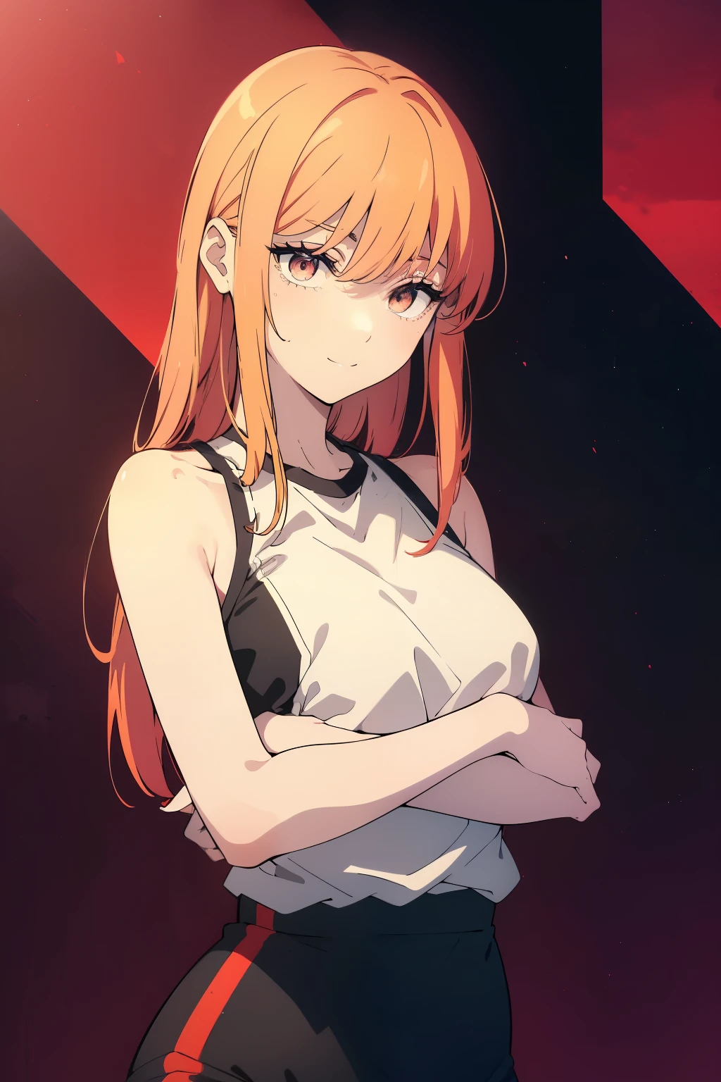 ((Obra maestra, La mejor calidad, ultrahigh resolution)), ((la girl in a gym uniform, blue Japanese ladies gym uniform, ash _blonde:1)), long hair cut, pale skin, ((brown eyes)), glowing_eyes, neon eyes, ((ultra detailed eyes:0.7, beautiful and detailed face, detailed eyes:0.9)), ((centered)), ((cute smile, pretty)), facing viewer, eye level, ((vibrant red background, sunny landscape, cityscape, sunset)), flat chested, looking at viewer, ((half closed eyes)), ((perfect hands)), (((head:1, arms, hips, elbows, in view))), ((hugging her chest)), empty eyes, beautiful lighting, outside, outdoors, background, defined subject, 18 years old, (head tilt),
