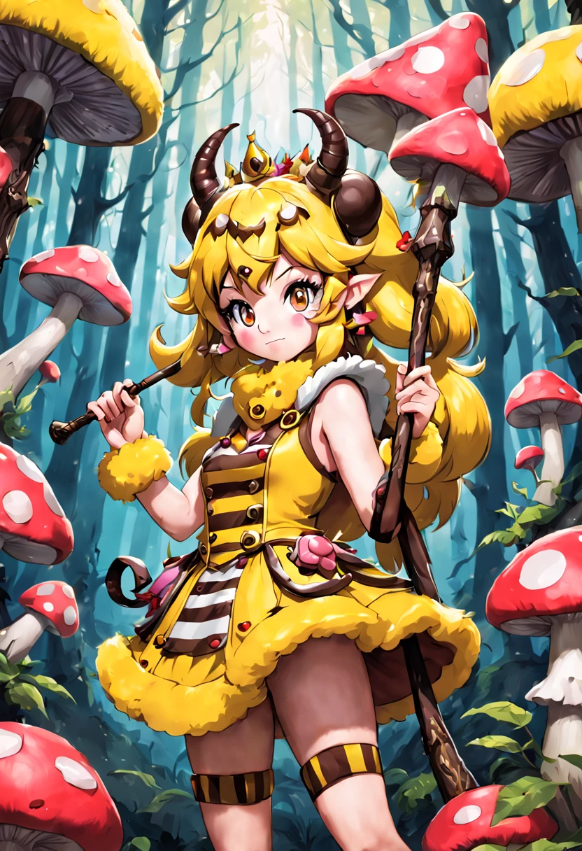 anime, Princess Peach Oni wearing yellow furs with brown stripes yellow horns and a giant club background mushroom forest