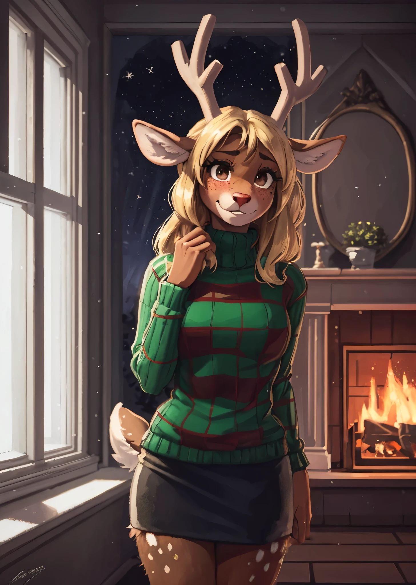 [noelleholiday], [Deltarune], [Uploaded to e621.net; (Pixelsketcher), (wamudraws), (woolrool)], ((masterpiece)), ((HD)), ((highres)), ((solo portrait)), ((front view)), ((waist up)), ((furry; anthro)), ((detailed fur)), ((detailed shading)), ((beautiful render art)), ((intricate details)), {anthro deer; brown fur, red nose, brown eyebrows, (cute freckles), cute brown eyes, (short eyelashes), (deer antlers), long blonde hair, short fluffy tail, (beautiful defined legs), (blushing), (nervous smirk)}, {(green and red white-collared checkered sweater), (black sleeves), (short black pencil skirt)}, {(standing), (hand in hair), (looking at viewer)}, [background; (living room), (fireplace), (christmas decorations), (window), (snow in window), (starry sky)]