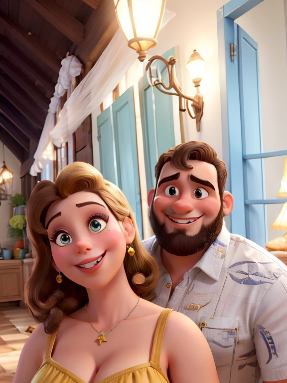 Casal estilo Disney em Paraty RJ, ambos sorrindo, mulher loira,mulher olhos castanho, homem gordo, homem com cabelo curto, homem barba grande, homem cabelo castanho escuro