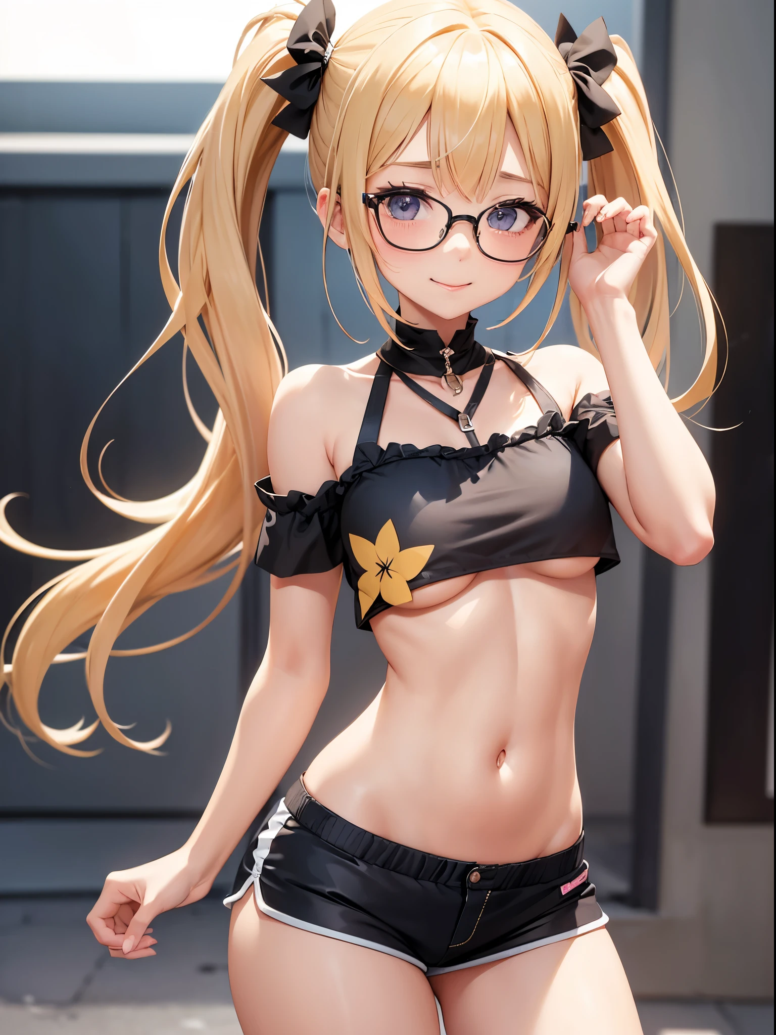 1 girl, in public, embarrassed, bangs, **** body, 13 year old girl, blonde hair side ponytail, sensual cleavage, sensual mouth, round breasts, ass facing the viewer, back to the screen, smile, tight, micro shorts 1.4, Ultra HD, 4k image, glasses, character close to the camera, tight shorts, shorts showing crotch, shorts lowered, shorts with open fly, V-shaped panties, lower part of breasts visible, belly visible, short miniskirt