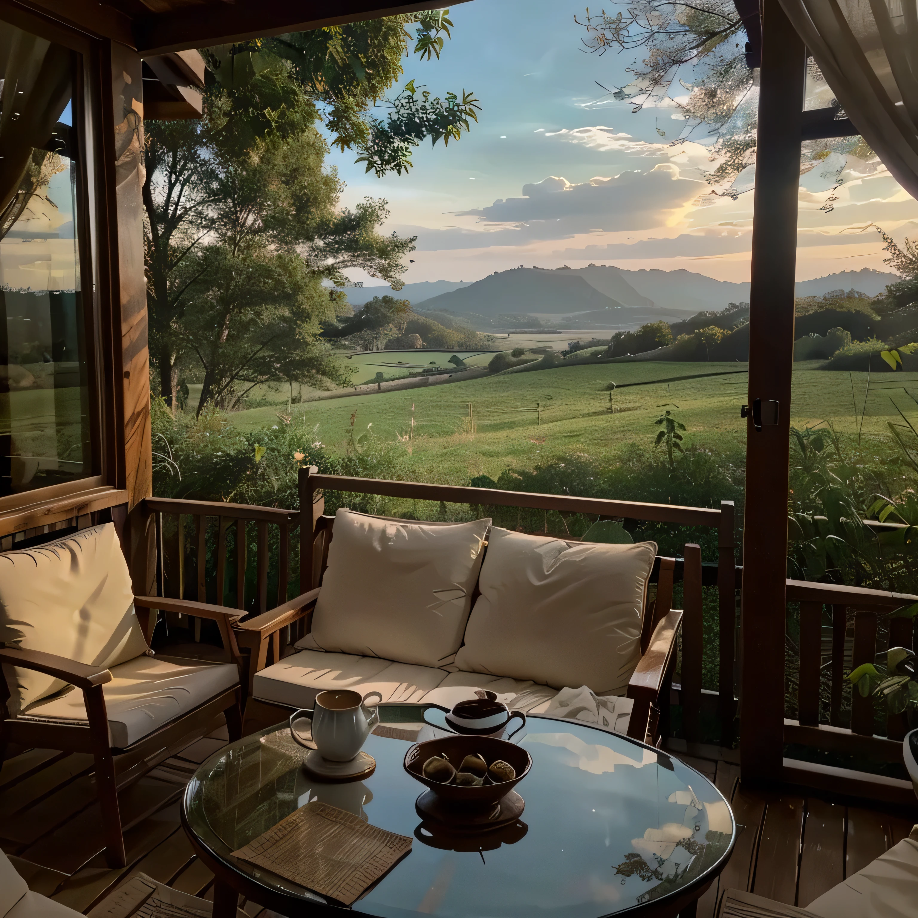 A cozy setting with a cup of tea. beautiful nature view happy relaxing mood