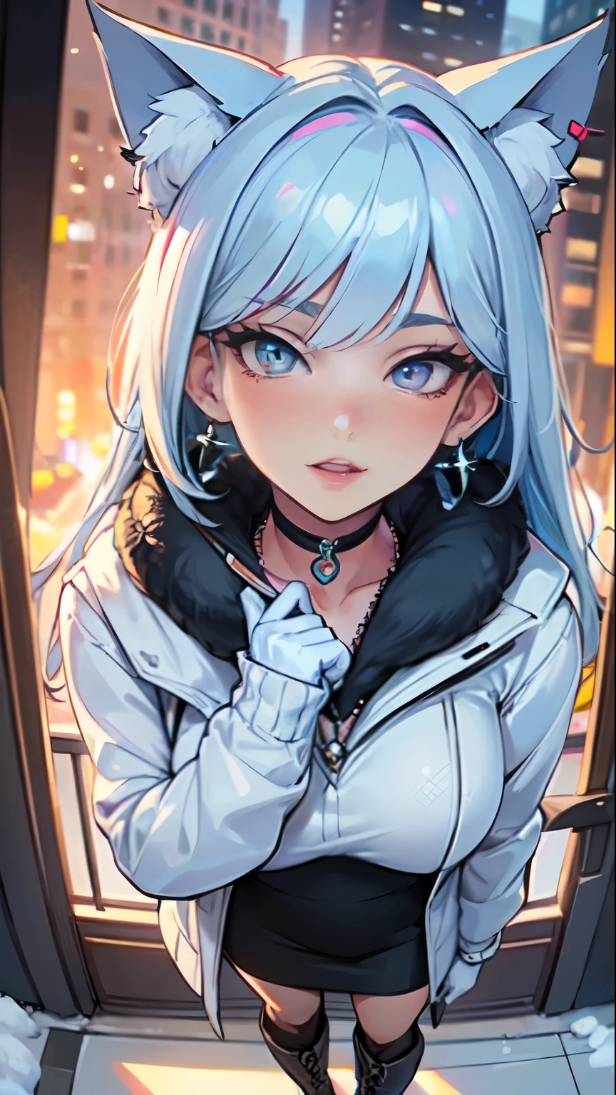 Masterpiece, high res, beautiful art, professional artist, 8k, art style by sciamano240, very detailed face, very detailed hair, very detailed clothes, 1girl, perfectly drawn body, beautiful face, long hair, light blue hair , very detailed blue vertical cat eyes, square glasses, pouty lips , rosey cheeks, intricate details in eyes, extreme close up of face, see only head and neck, staring directly at viewer, wearing cute winter clothes, winter coat, scarf, sweater, necklace, choker, earrings, gloves, pencil skirt, black tigh boots, stockings,some freckles, warm grin, in love with the viewer expression, morning winter setting, pov standing outside with viewer,