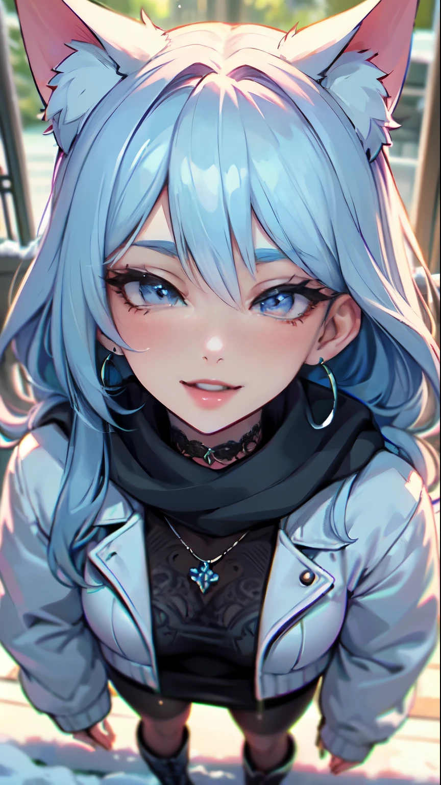 Masterpiece, high res, beautiful art, professional artist, 8k, art style by sciamano240, very detailed face, very detailed hair, very detailed clothes, 1girl, perfectly drawn body, beautiful face, long hair, light blue hair , very detailed blue vertical cat eyes, square glasses, pouty lips , rosey cheeks, intricate details in eyes, extreme close up of face, see only head and neck, staring directly at viewer, wearing cute winter clothes, winter coat, scarf, sweater, necklace, choker, earrings, gloves, pencil skirt, black tigh boots, stockings,some freckles, warm grin, in love with the viewer expression, morning winter setting, pov standing outside with viewer,