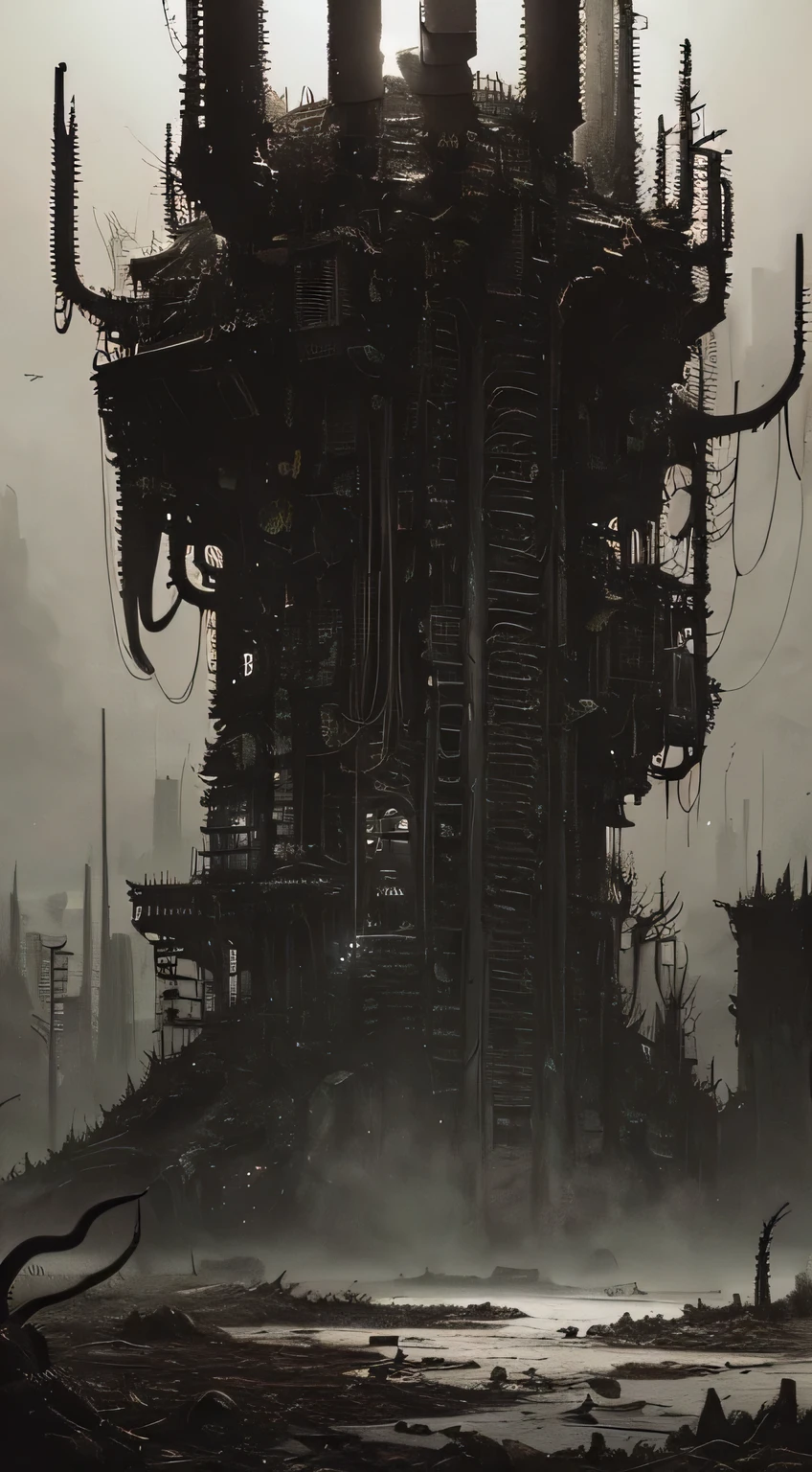 ((Dark biopunk horror landscape with tentacles)), (Hopeless chthonic horror landscape with tentacles), empty city of tentacles, a lot of ash, Cold lighting, abandoned biopunk, Horror atmosphere, highly detailed biopunk art, gadgets from Hans Giger, Wasteland background by Zdzislaw Beksinski