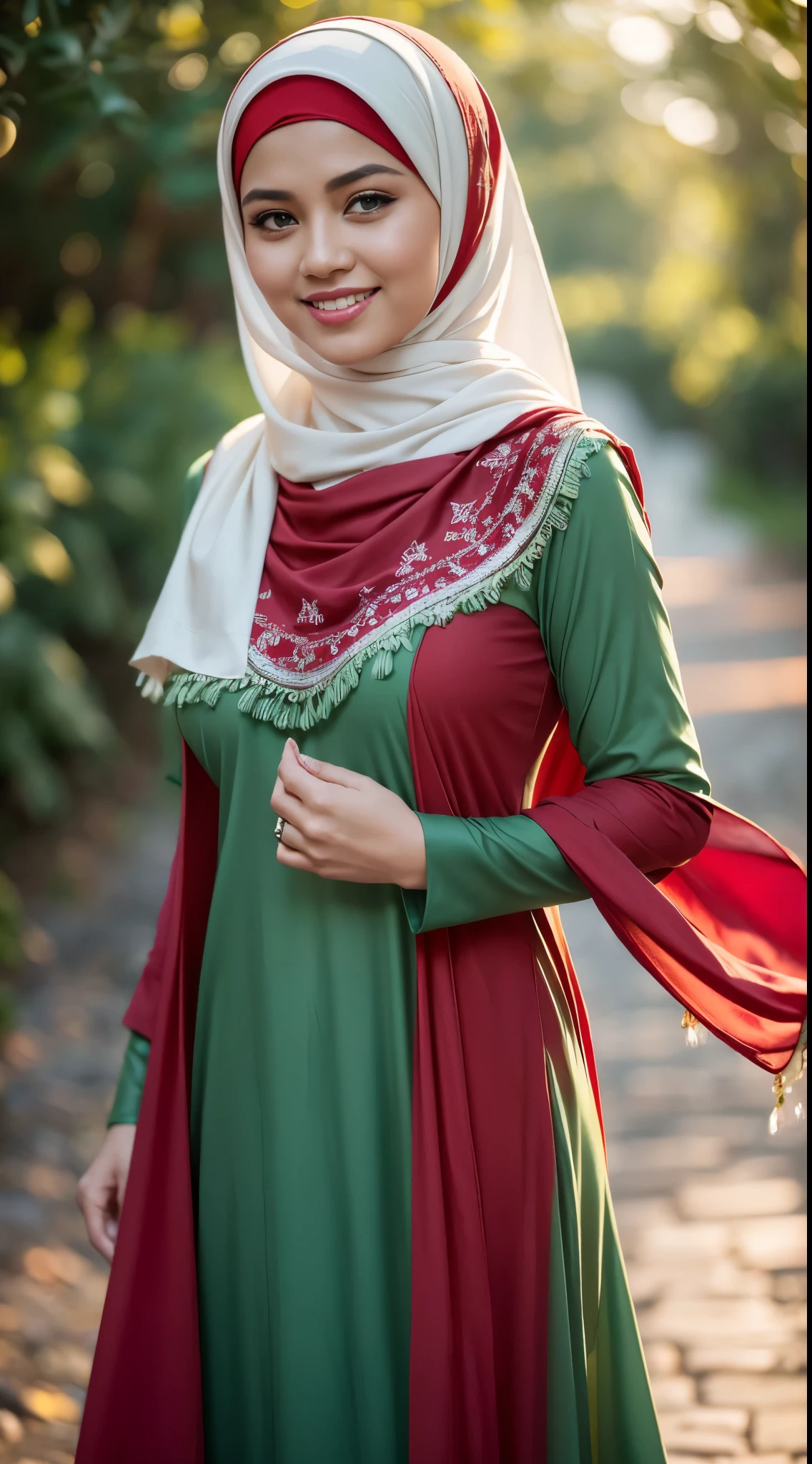 RAW, Best quality, high resolution, work: 1.3, beautiful Malay woman in hijab, beautiful big eyes, smiling, beautiful face, shiny lips, soft smile, medium portrait, watery eyes, (huge breasts) , woman in araffe wearing a red and white dress and a white scarf, modest flowing gown, ( ( dark green, long dress female, green tunic,  dress, stylish dress, detailed picture, dark red, dark red dress, idian dress, full body red dress, full covered dress, long tunic, sea - red and white clothes, red dress, an elegant red, background, bokeh,