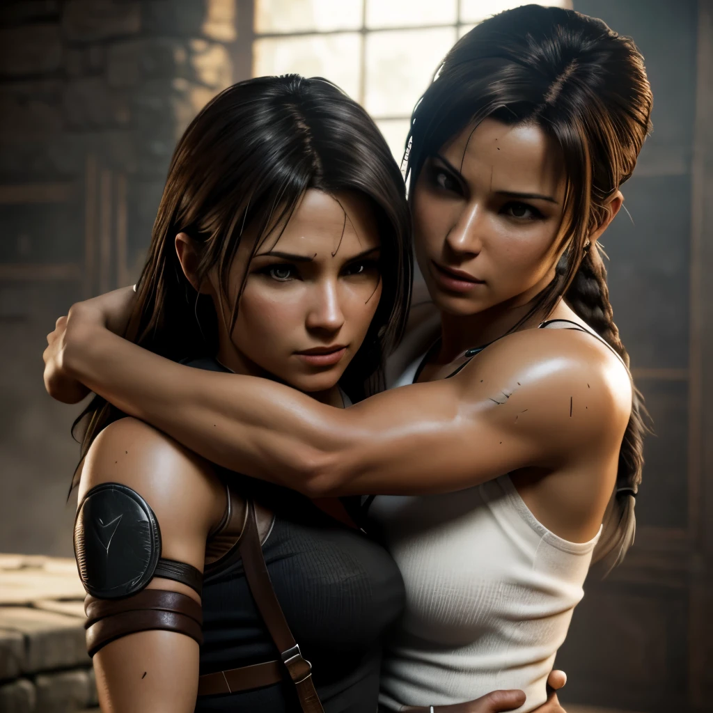 Lara Croft hugging Tifa Lockheart, (skin texture:1.1), (high detail face:1.1), high detail body, high detail clotheasterpiece), (realistic), ultra high definition, 4k, ultra high resolution, photo by Arny Freytag