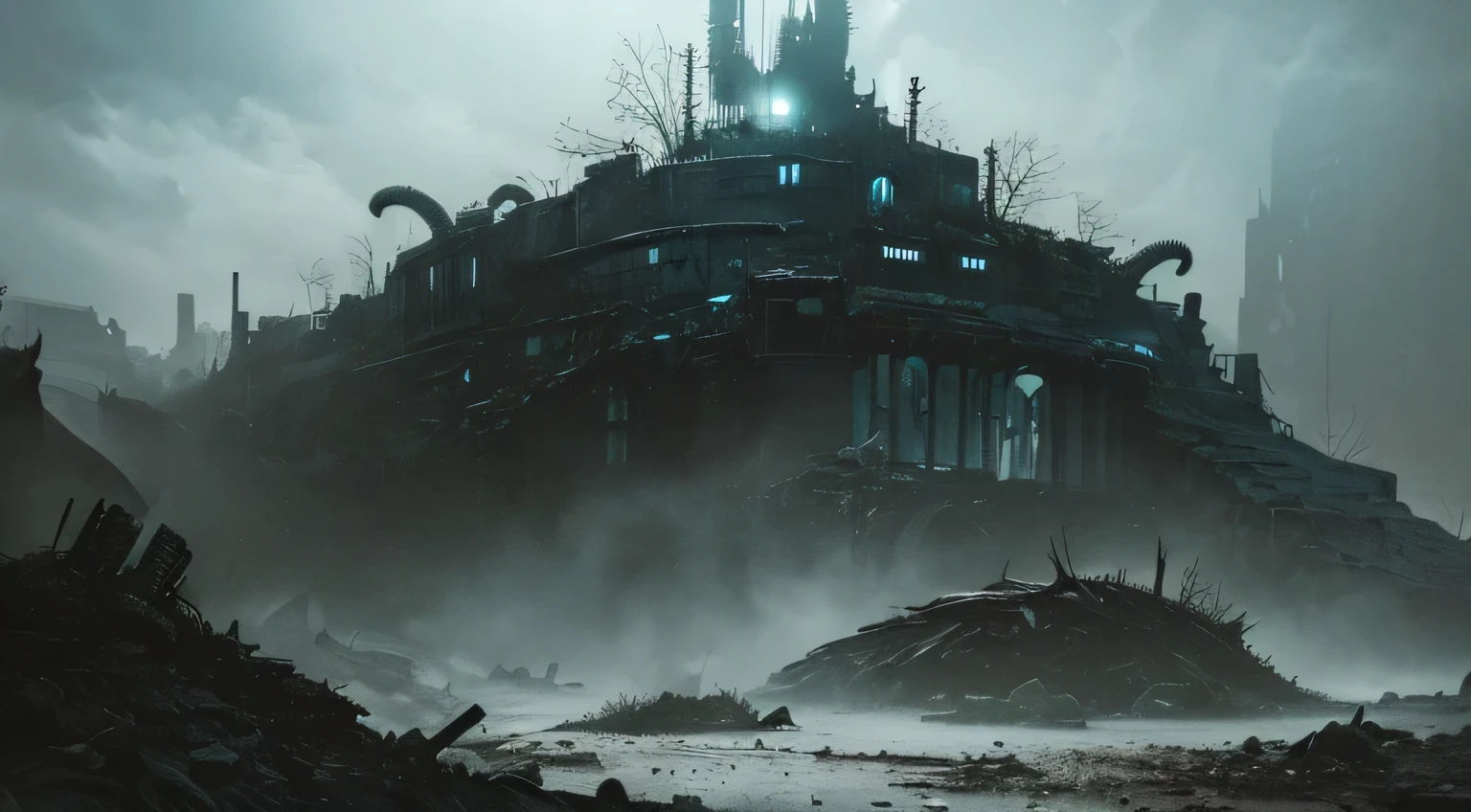 ((Dark biopunk horror landscape with tentacles)), (Hopeless chthonic horror landscape with tentacles), empty city of tentacles, a lot of ash, Cold lighting, abandoned biopunk, Horror atmosphere, highly detailed biopunk art, gadgets from Hans Giger, Wasteland background by Zdzislaw Beksinski
