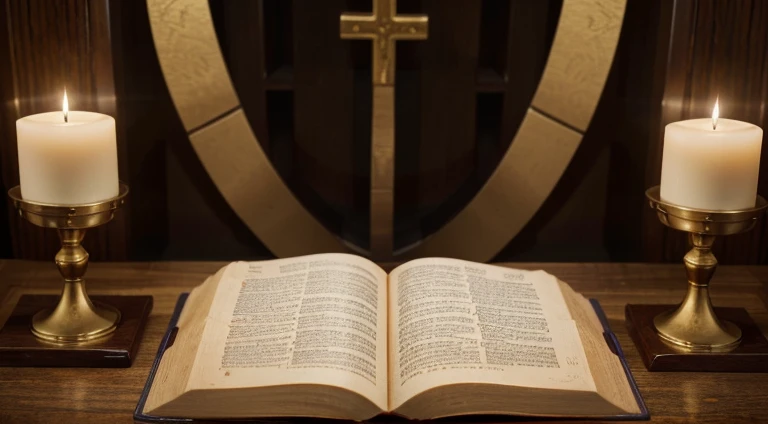 "Por favor, create a high-definition image of the Holy Bible that captures the reverence and spiritual significance of this holy book. The image should convey the historical and religious importance of the Bible, apresentando-a de forma digna e respeitosa. Use soft lighting to highlight cover and page details, enfatizando sua textura e envelhecimento, if applicable. Position the Bible in an environment that evokes a sacred environment, como uma prateleira de madeira em uma biblioteca antiga ou um altar iluminado. As cores devem ser sutis e a tipografia, Apresente-se, deve ser elegante e discreta. The image should inspire a sense of reverence and spiritual connection to the words and teachings contained in the Holy Bible."