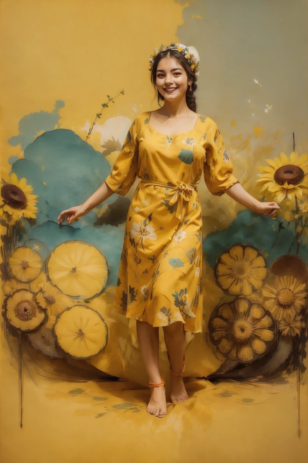 ((open eyes)) , ((happy face)) ,((full body)) , Persian lady in traditional yellow dress , middle age , 40 yo , with flowers on her head , in the style of Robert Motherwell paintings , organic and naturalistic compositions, floral explosions, ,soft light teal and orange , serene faces --ar 3:4 -