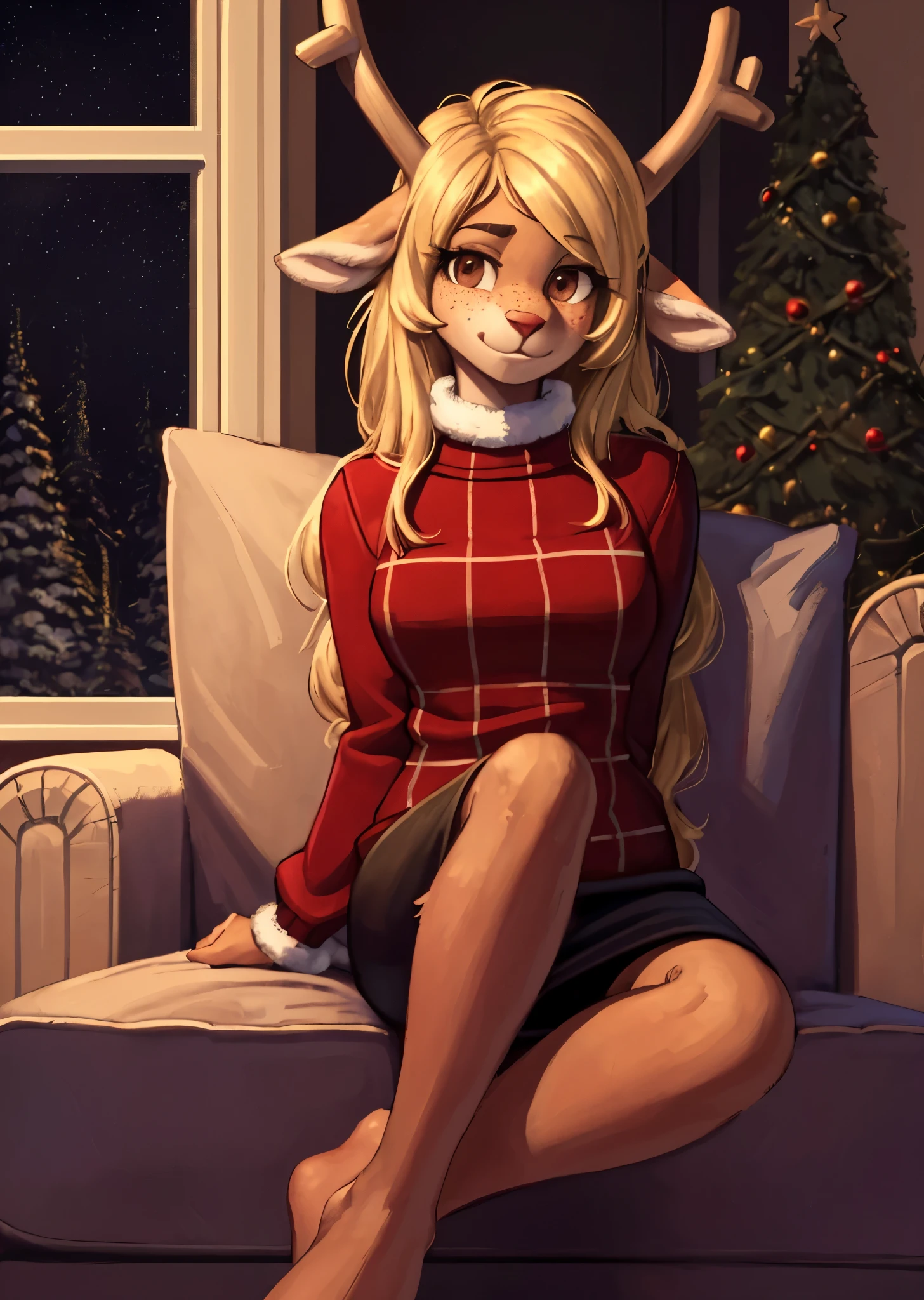 [noelleholiday], [Deltarune], [Uploaded to e621.net; (Pixelsketcher), (wamudraws), (woolrool)], ((masterpiece)), ((HD)), ((highres)), ((solo portrait)), ((front view)), ((full body)), ((feet visible)), ((furry; anthro)), ((detailed fur)), ((detailed shading)), ((beautiful render art)), ((intricate details)), {anthro deer; brown fur, red nose, brown eyebrows, (cute freckles), cute brown eyes, (short eyelashes), (deer antlers), long blonde hair, short fluffy tail, (beautiful defined legs), (beautiful feet), (blushing), (nervous smirk)}, {(green and red white-collared checkered sweater), (black sleeves), (short black pencil skirt)}, {(sitting on couch), (looking at viewer)}, [background; (living room), (fireplace), (christmas decorations), (window), (snow in window), (starry sky)]