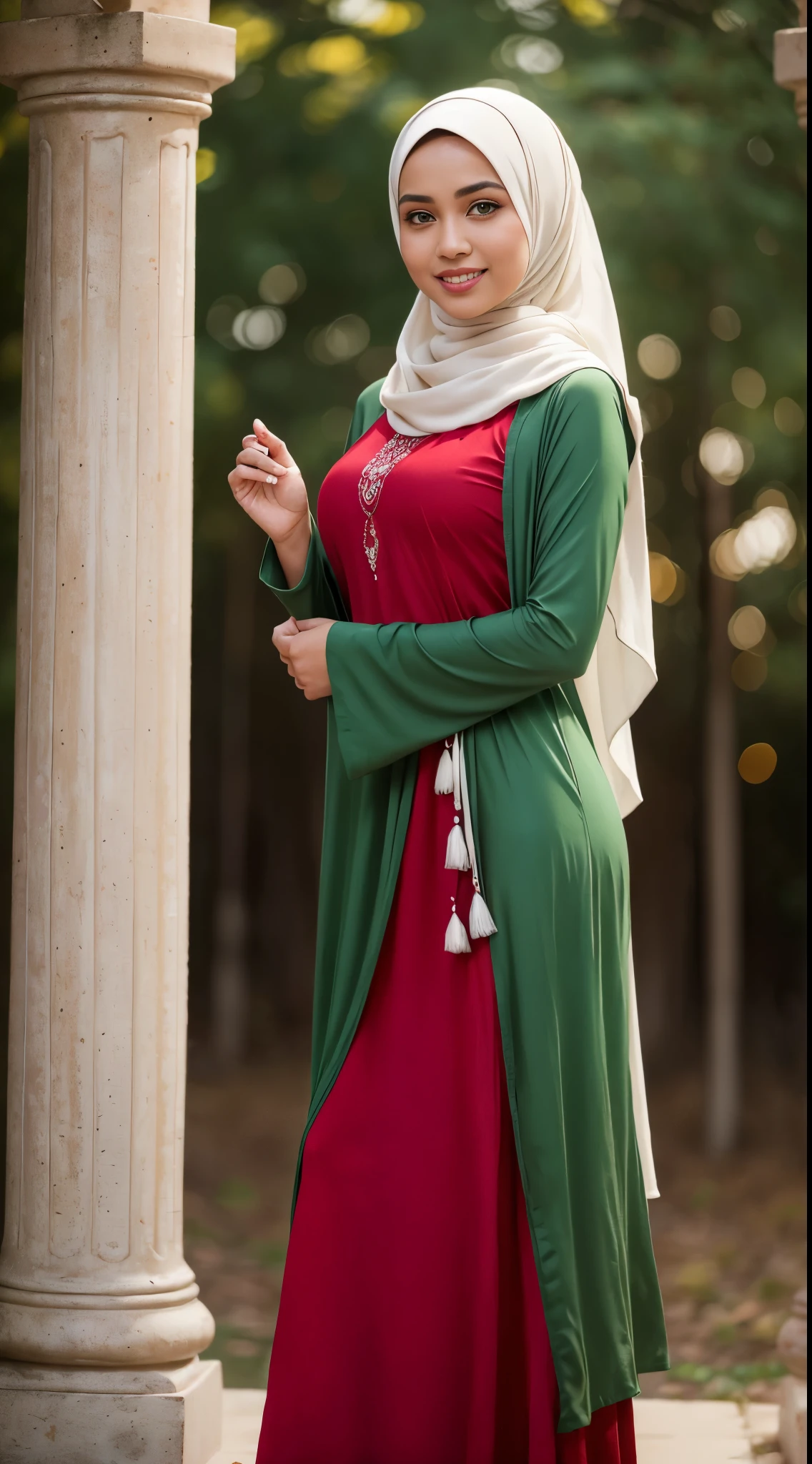 RAW, Best quality, high resolution, work: 1.3, beautiful Malay woman in hijab, beautiful big eyes, smiling, beautiful face, shiny lips, soft smile, medium portrait, watery eyes, huge breasts, woman in araffe wearing a red and white dress and a white scarf, modest flowing gown, ( ( dark green, long dress female, green tunic, dress, stylish dress, detailed picture, dark red, dark red dress, idian dress, full body red dress, full covered dress, long tunic, sea - red and white clothes, red dress, an elegant red, background, bokeh,
