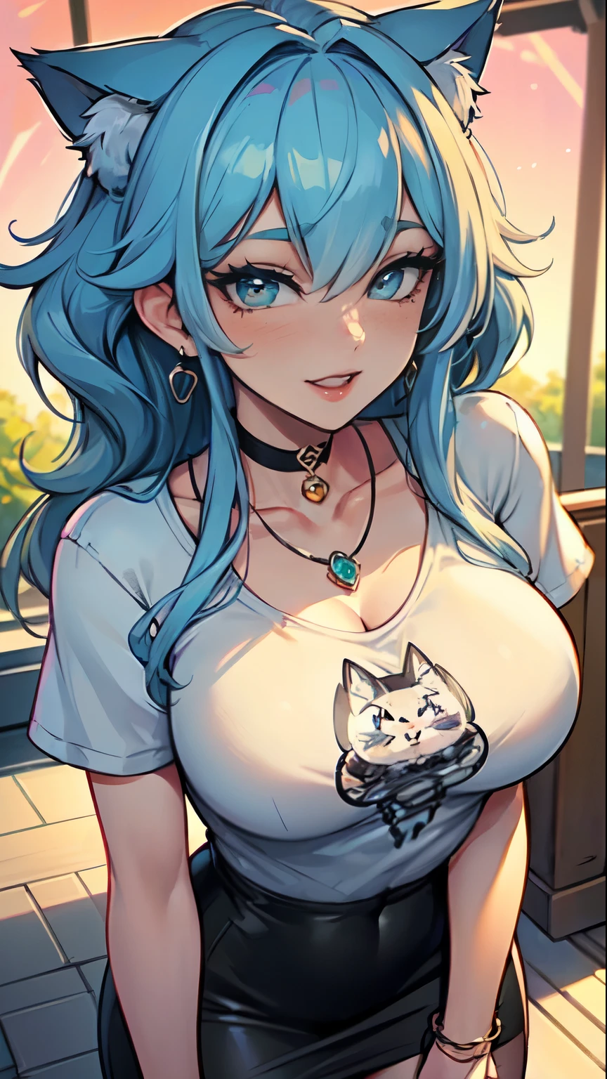 Masterpiece, high res, beautiful art, professional artist, 8k, art style by sciamano240, very detailed face, very detailed hair, very detailed clothes, 1girl, perfectly drawn body, beautiful face, long hair, light blue hair , very detailed blue vertical cat eyes, square glasses, pouty lips , rosey cheeks, intricate details in eyes, extreme close up of face, see only head and neck, staring directly at viewer, wearing cute summer clothes, t shirt, necklace, choker, earrings, jewelery, pencil skirt, black tigh boots, stockings, some freckles, warm grin, in love with the viewer expression, morning summer setting, pov standing outside with viewer,