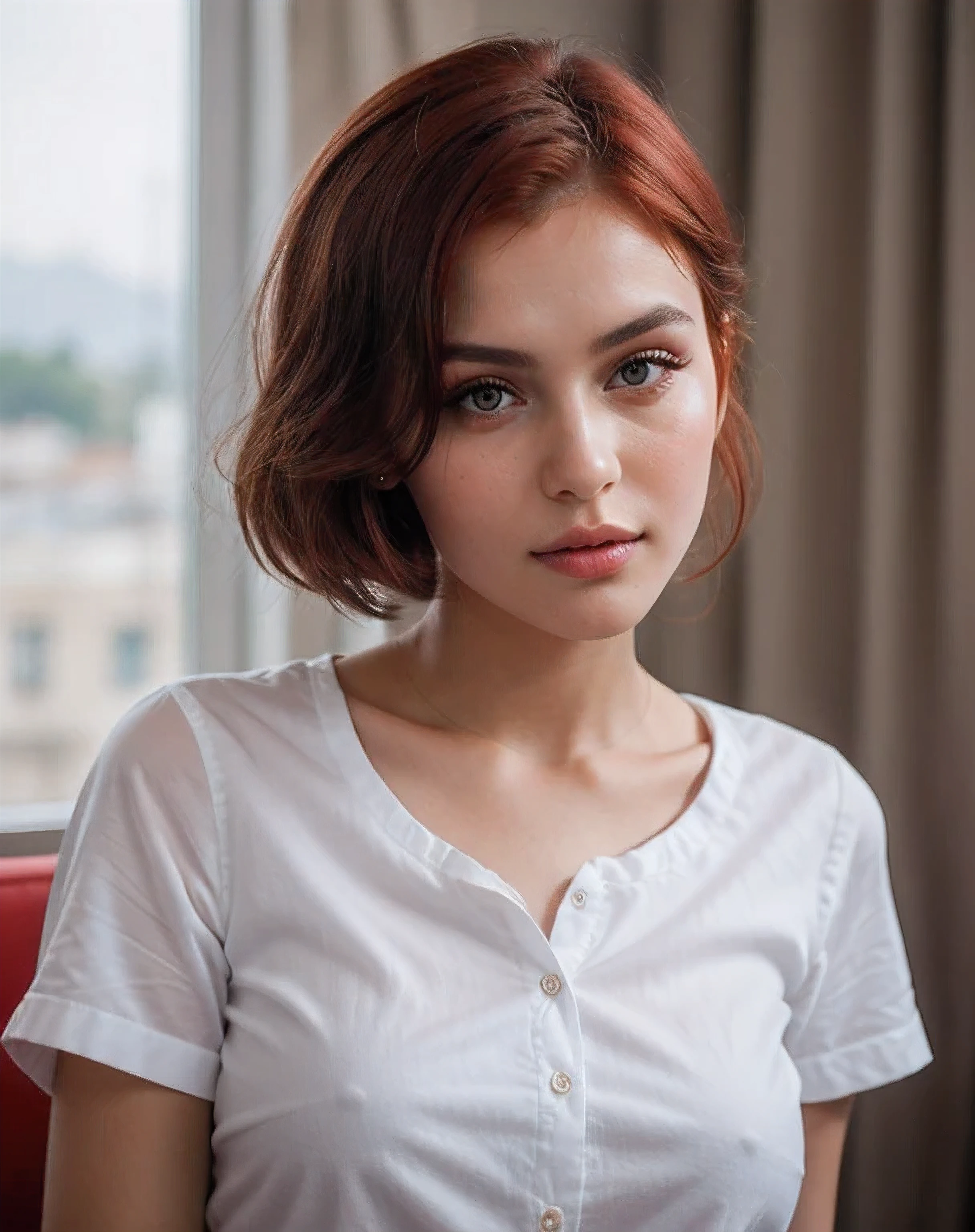 Cute beautiful sexy girl from Albania looking like Katya Clover, red hair, 18 years old, realistic photo, white shirt, detailed face, 8K, sexy full lips