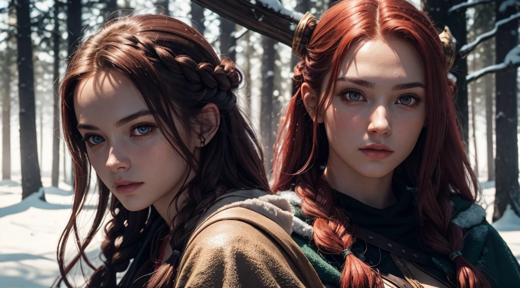 RAW, professional photograph, medium shot, photorealistic, realistic lights, realistic shadows, hyper-realistic, ray tracing, super detail, UHD, 8k, female, twenty years old, athletic body, soft facial features, long braided hair, viking hairstyle, straight hair, crimson hair, crimson eyes, viking clothing, forest in winter, sharp image