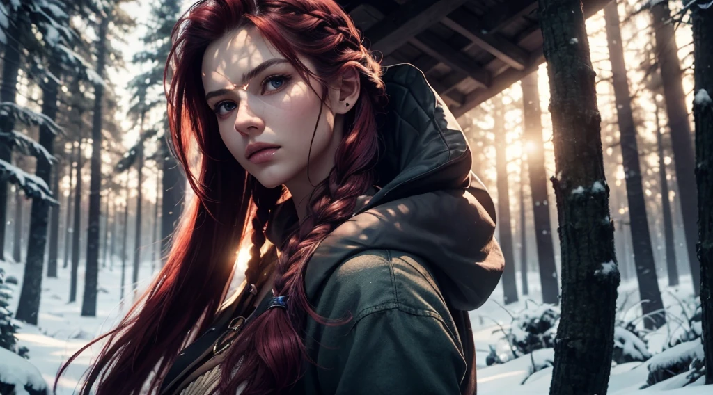 RAW, professional photograph, medium shot, photorealistic, realistic lights, realistic shadows, hyper-realistic, ray tracing, super detail, UHD, 8k, female, twenty years old, athletic body, soft facial features, long braided hair, viking hairstyle, straight hair, crimson hair, crimson eyes, viking clothing, forest in winter, sharp image
