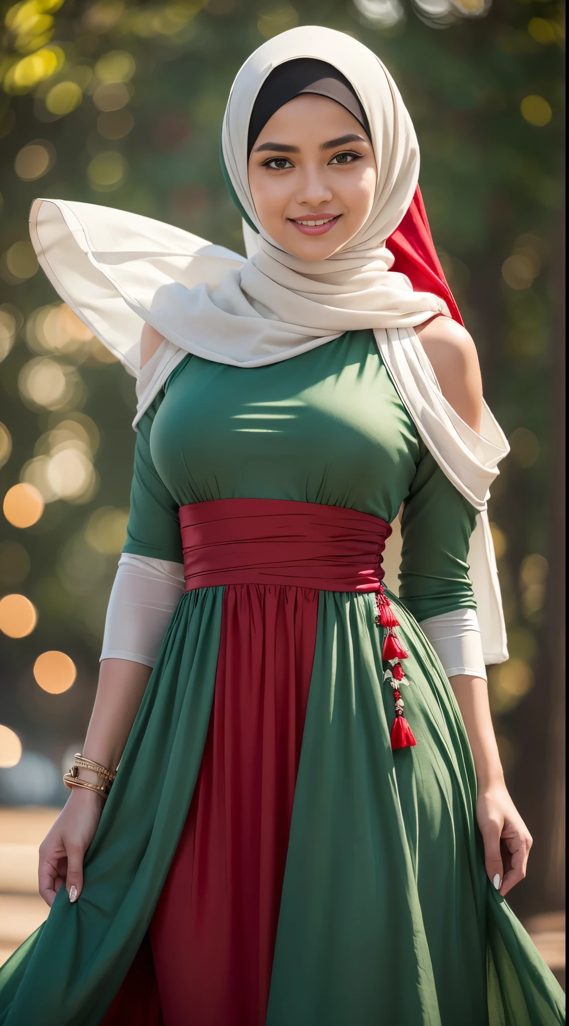 RAW, Best quality, high resolution, work: 1.3, beautiful Malay woman in hijab, beautiful big eyes, smiling, beautiful face, shiny lips, soft smile, medium portrait, watery eyes, ((huge breasts)), woman in araffe wearing a red and white dress and a white scarf, modest flowing gown, ( ( dark green, long dress female, green tunic, dress, stylish dress, detailed picture, dark red, dark red dress, idian dress, full body red dress, full covered dress, long tunic, sea - red and white clothes, red dress, an elegant red, background, bokeh,