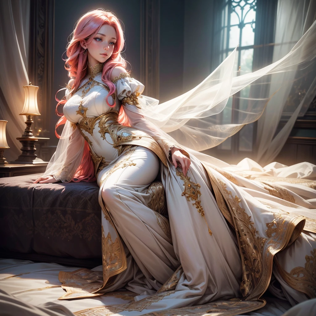 {-erro_de_anatomia:1.0}(best quality,4k,8k,highres,masterpiece:1.2), ultra-detailed, (realistic,photorealistic,photo-realistic:1.37), mature milf, illyasviel von einzbern, redhead hair, full body, vibrant colors, glowing skin, mesmerizing eyes, elegant pose, enchanting background, delicate lace dress, surreal lighting, ethereal atmosphere, mystical aura, intricate details, artistic medium, digital illustration, fantasy, anime, sentada na cama, looking behind