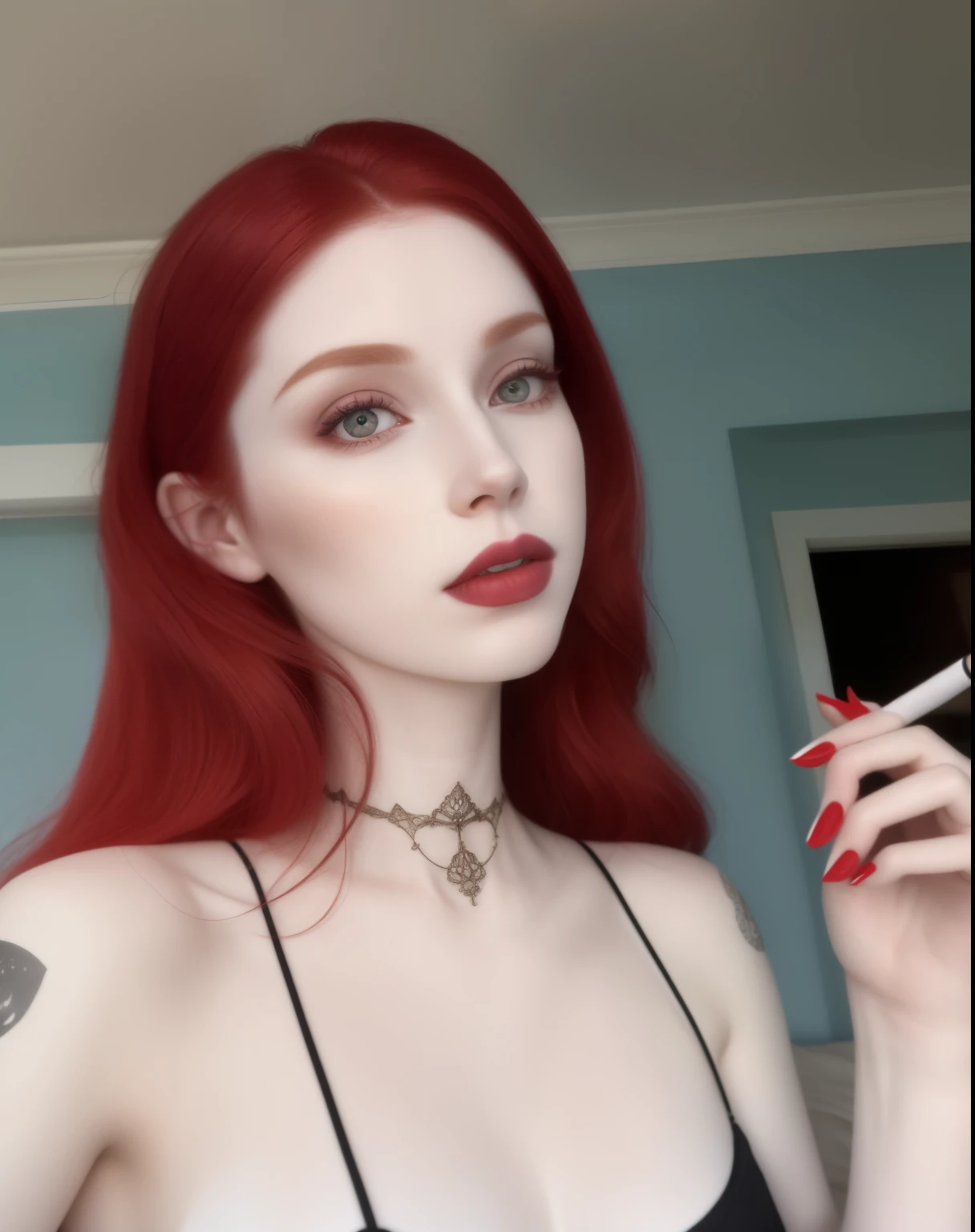 Woman with red hair and a cigarette in her hand, Amouranth, mais conhecido como Amouranth, with pale skin, very very pale white skin, very very pale white skin, jovem Amouranth bonito, pale white skin, pale goth beauty, extremely pale white skin, very pale skin, very very very pale white skin, pale red, imagem de perfil