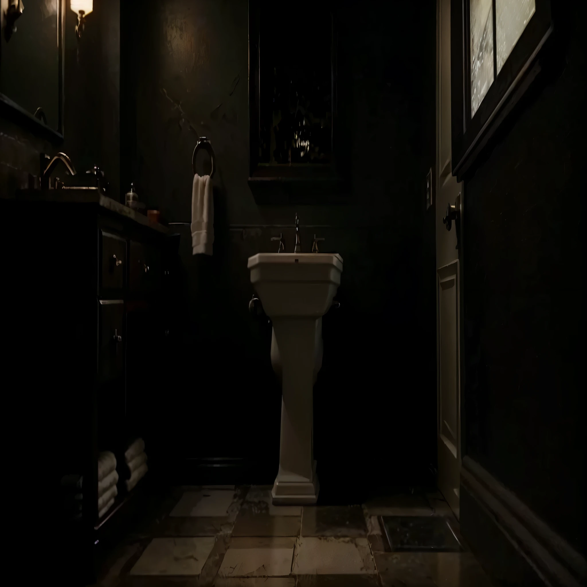 there is a bathroom with a toilet and a afundar in it, afundar, room of a dark mansion, sala preta breu, Captura de tela de Morbius (2022), Vinheta escura, nesta cena sinistra, em um banheiro, no banheiro, Netflix assustadora ainda filmada, dark and dim lighting, interior escuro, quarto escuro como breu, Situado na Sala do Cofre do Banco