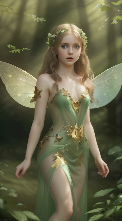 (masterpiece), high resolution, hd 8k, (1 Celtic fairy), 16 years old, beautiful eyes, silky hair, detailed transparent wings, green dress: Pastel, with gold details, cinematic lighting, gloomy forest atmosphere, in a landscape with water and flowers, (shadows and light through the foliage)