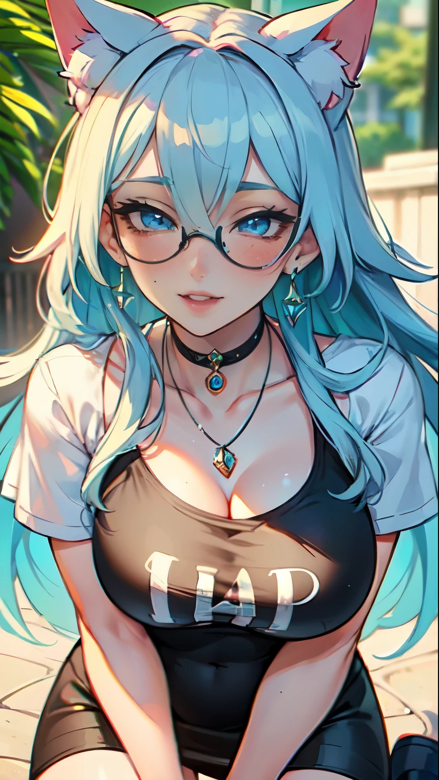 Masterpiece, high res, beautiful art, professional artist, 8k, art style by sciamano240, very detailed face, very detailed hair, very detailed clothes, 1girl, perfectly drawn body, beautiful face, long hair, light blue hair , very detailed blue vertical cat eyes, square glasses, pouty lips , rosey cheeks, intricate details in eyes, extreme close up of face, see only head and neck, staring directly at viewer, wearing cute summer clothes, t shirt, necklace, choker, earrings, jewelery, pencil skirt, black tigh boots, stockings, some freckles, warm grin, in love with the viewer expression, morning summer setting, pov standing outside with viewer,