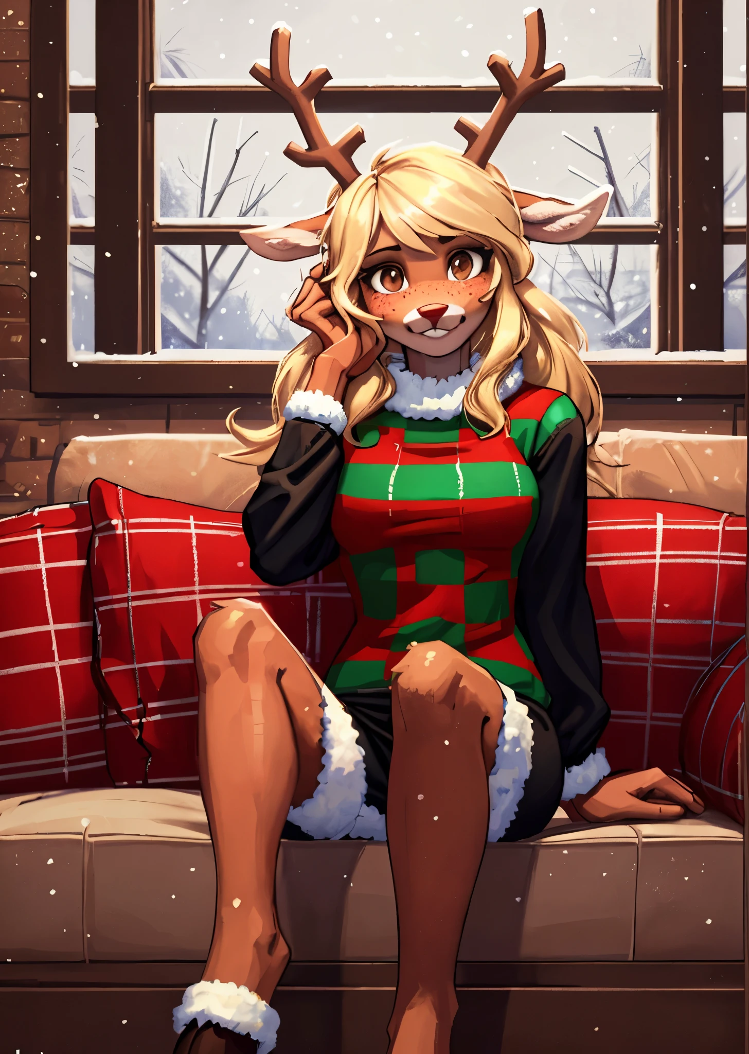 [noelleholiday], [Deltarune], [Uploaded to e621.net; (Pixelsketcher), (wamudraws), (woolrool)], ((masterpiece)), ((HD)), ((highres)), ((solo portrait)), ((front view)), ((full body)), ((feet visible)), ((furry; anthro)), ((detailed fur)), ((detailed shading)), ((beautiful render art)), ((intricate details)), {anthro deer; brown fur, red nose, brown eyebrows, (cute freckles), cute brown eyes, (short eyelashes), (deer antlers), long blonde hair, short fluffy tail, (white spots on thighs), (beautiful defined legs), (beautiful feet), (hooves), (blushing), (nervous smirk)}, {(green and red white-collared checkered sweater), (black sleeves), (short black pencil skirt)}, {(sitting on couch), (hand in hair), (looking at viewer)}, [background; (living room), (fireplace), (christmas decorations), (window), (snow in window), (starry sky)]