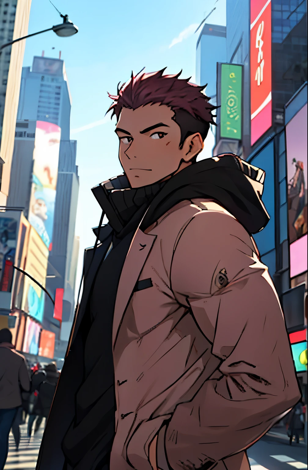 A mais alta qualidade, 8K, image high resolution, Detailed strokes, (Imagem da Cintura pra cima), no meio de uma avenida movimentada estilo Times Square, inverno, apoiado em um dos postes, adolecente, Yuji Itadori, Dark Pink Hair , wearing a cold jacket , slightly unbuttoned jacket showing a bit of his chest, masculo, chest a little tight in the shirt , (angulo de baixo), (Close no Rosto), pernas definidas, defined arms, abdomen definido, com a camisa,