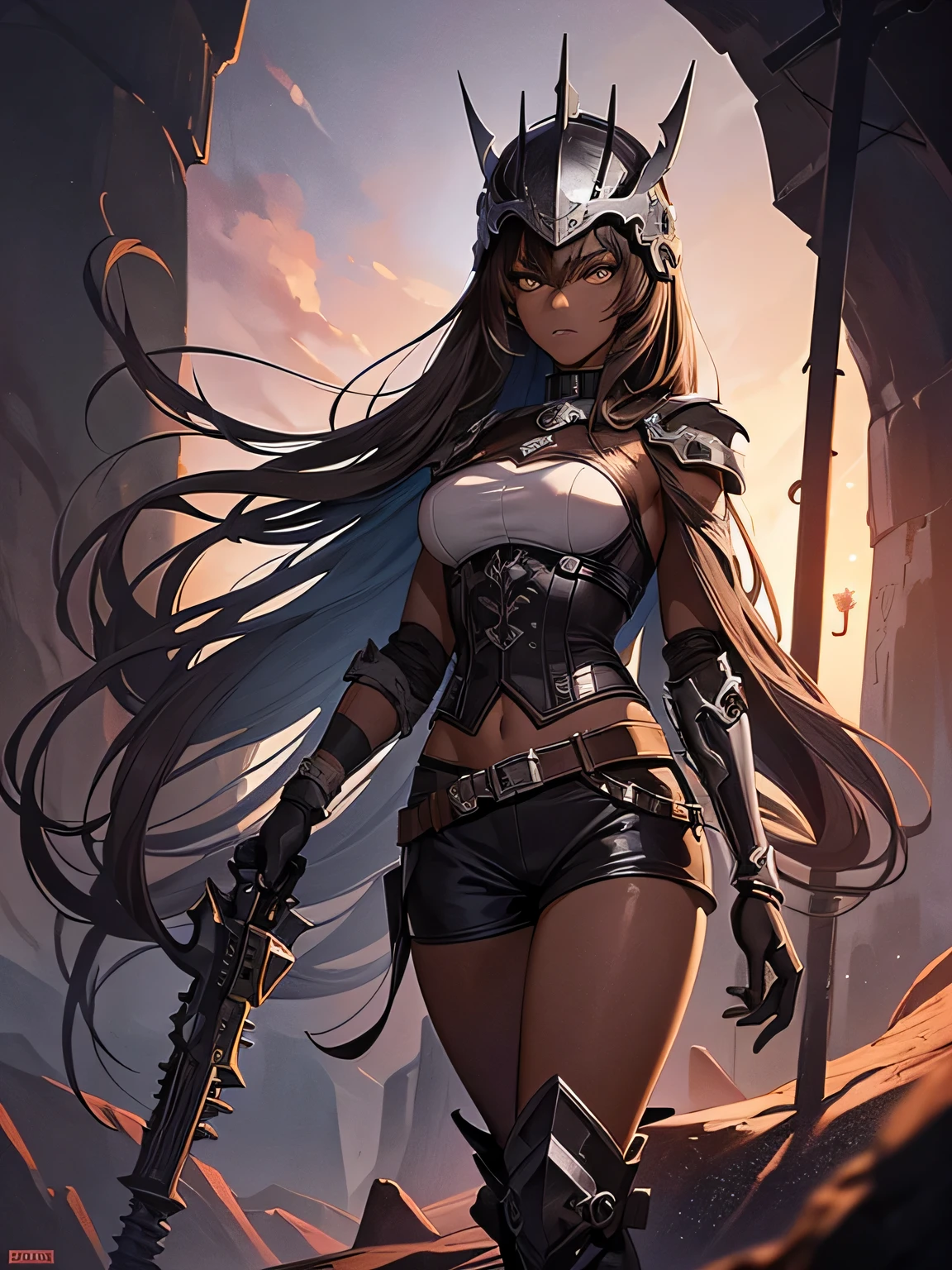 medieval horror art, It's dark night, mechanized horror girl, (dark brown skin), mechanical dividing lines on the body, gray eyes, Gloomy look, short marble helmet, massive needle on the left hand, massive collars on the arms, short pale gloves, short clothes, trinkets and bags, bleak dark rifts and canyon environment