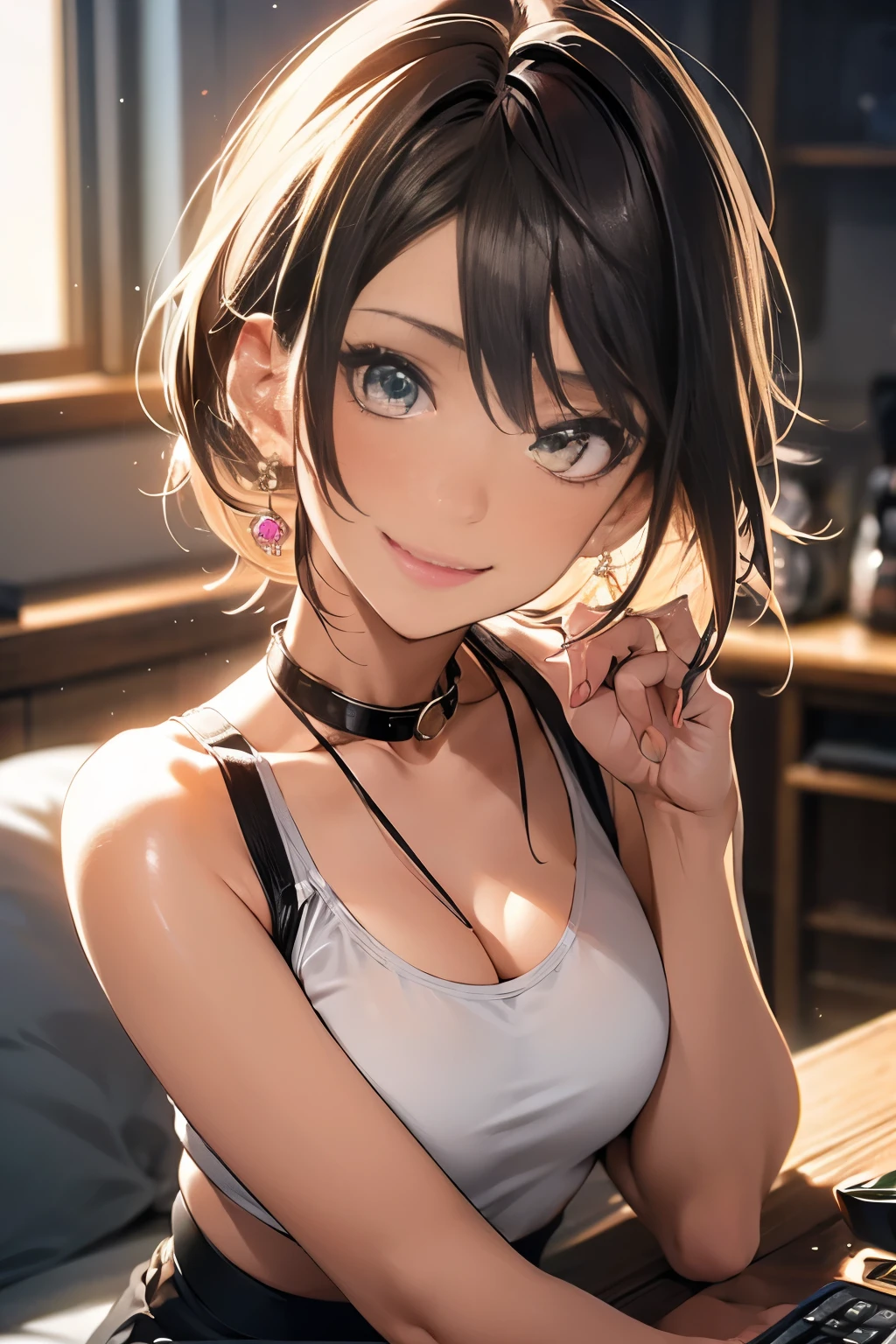 (masutepiece, Best Quality, Ultra-detailed, hight resolution, 4K),(Beautiful detailed eyes),(Very detailed face),(1girl in),nffsw,beautiful hair, Shorts, phone, cellphone, 手链, Tank top, Jewelry, Watch, Lips, Solo Focus, nail polish, Blurry background, Smile, wristWatch, Realistic, Blurry, Looking at Viewer