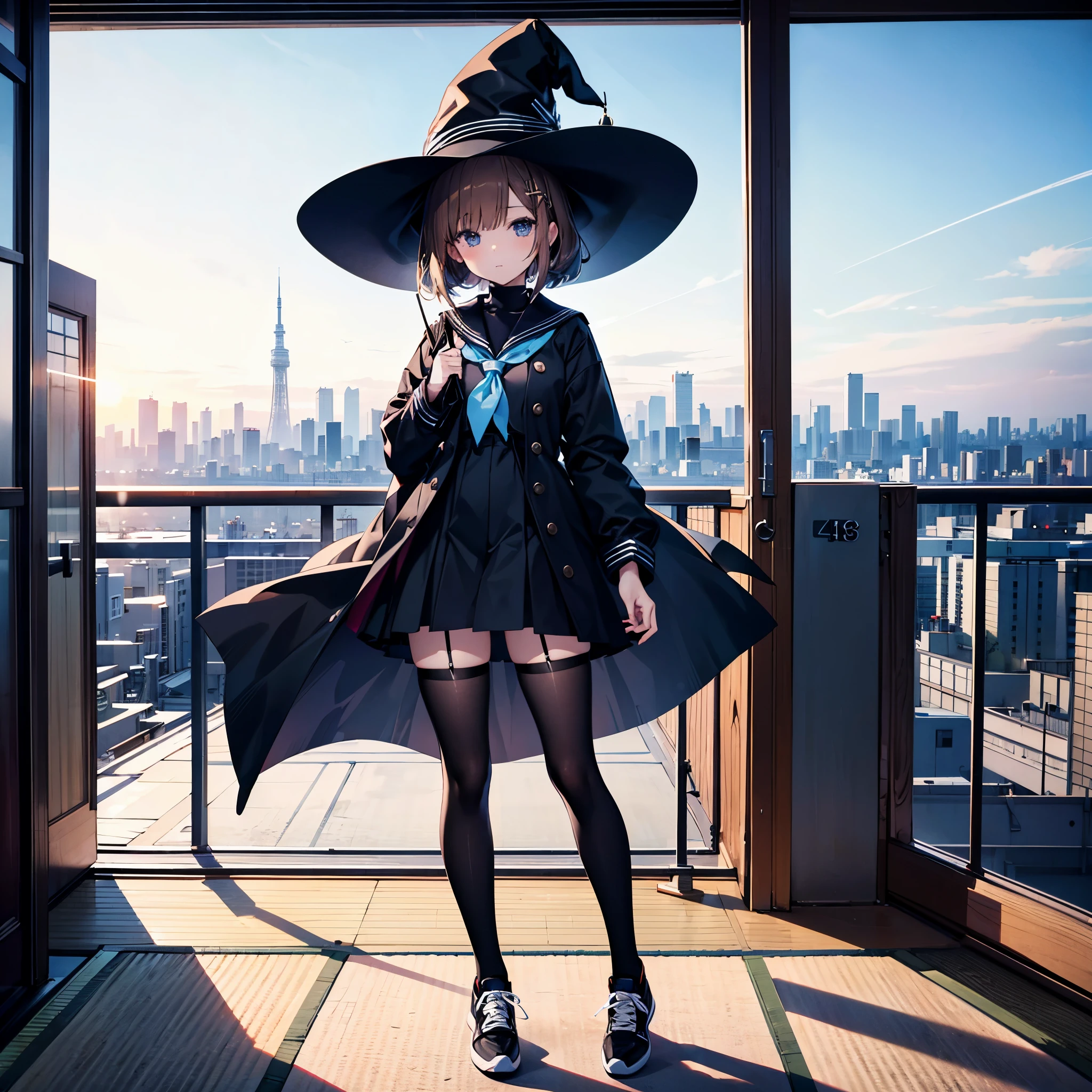 This is a woman on the roof of a high school in Tokyo with a panoramic view of Tokyo.、She has long brown bob hair with a short bob and wears a large black witch hat with sapphire accessories.、she is wearing a long black coat、I'm wearing a sailor uniform on the inside、Black sneakers with white shoelaces、Black tights、Black stockings、R18 Illustration、Eromanga、erotic illustration、Two-dimensional illustration、Japan Anime、drawn by Japanese ilastrator、high-level image quality、4K picture quality、High Quality、hight resolution、5 million pixels、high détails、uncensored