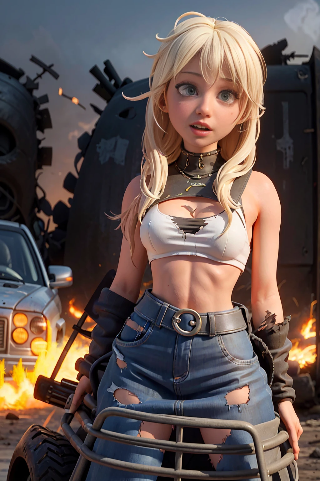 Full shot of Beautiful Olivia Livvy Dunne in Mad Max wearing torn dystopian bikini holding a machete while driving a post-apocalyptic dystopian car with super lifted suspension and mega monster tires thru a wasteland with explosions and nuclear bomb craters throughout, 8k raw photo, cinematic style, half shaded face, highly detailed face