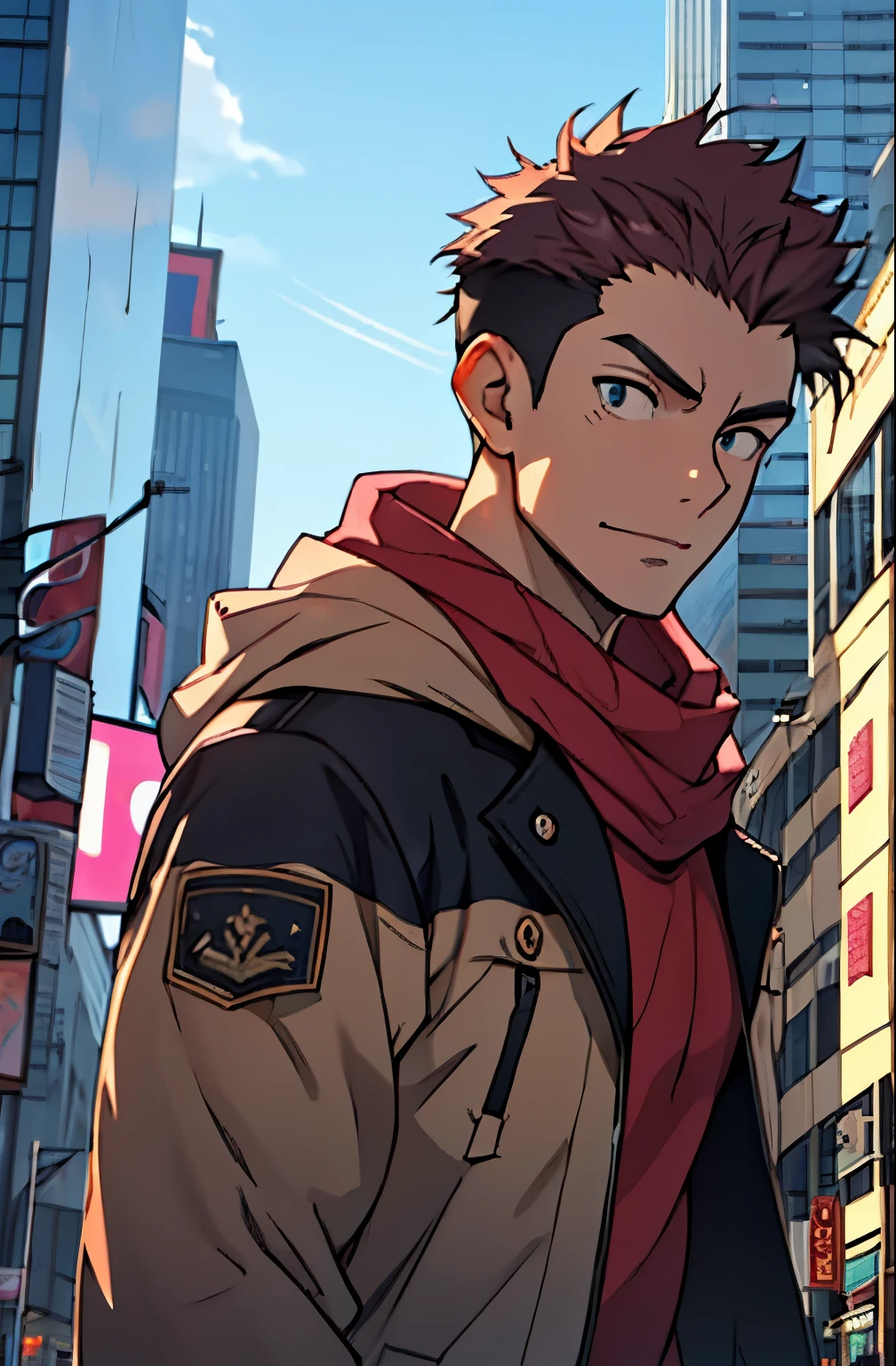 A mais alta qualidade, 8K, image high resolution, Detailed strokes, (Imagem da Cintura pra cima), no meio de uma avenida movimentada estilo Times Square, inverno, apoiado em um dos postes, adolecente, Yuji Itadori, Dark Pink Hair , wearing a cold jacket , slightly unbuttoned jacket showing a bit of his chest, masculo, chest a little tight in the shirt , (angulo de baixo), (Close no Rosto), pernas definidas, defined arms, abdomen definido, com a camisa,