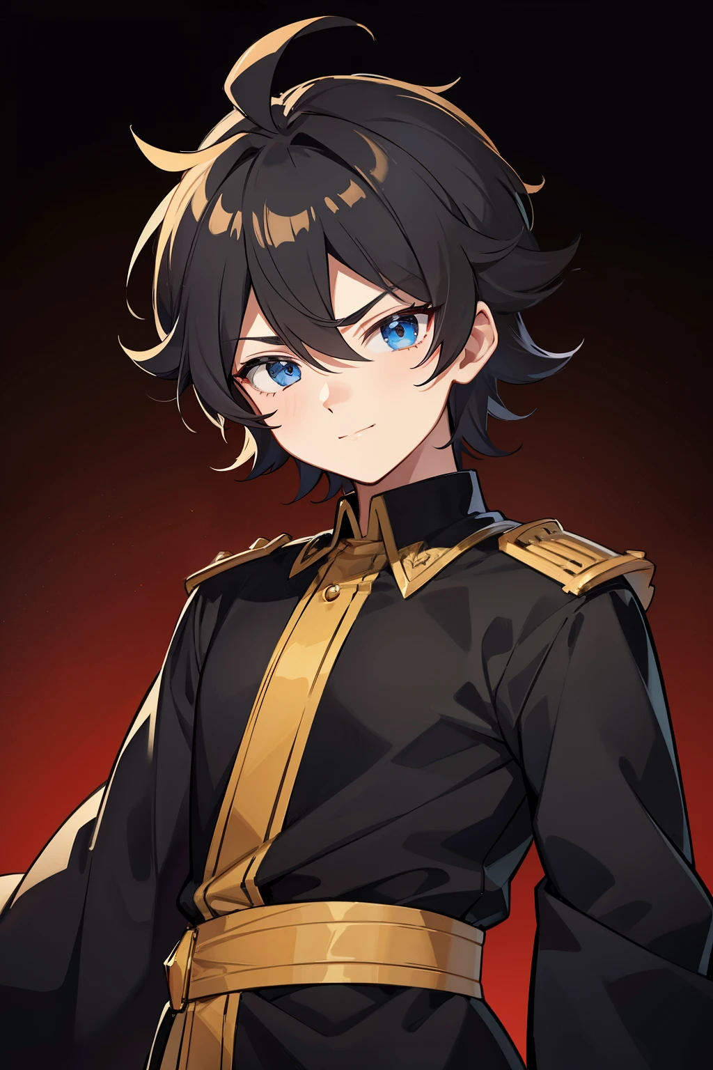 (high-quality, breathtaking),(expressive eyes, perfect face) portrait, 1boy, male, solo, , black hair, blue coloured eyes, stylised hair, gentle smile, medium length hair, loose hair, side bangs, curley hair, really spiky hair, spiked up hair, looking at viewer, portrait, ancient greek clothes, black long sleeved tunic gold trim around collar edges and down middle, greek, red and gold sash, simple background, laurel accessory, slightly narrow eyes, masculine face, masculine eyes, baby face, small½ inches tall, chibi art style, 6 years old, happy expressi