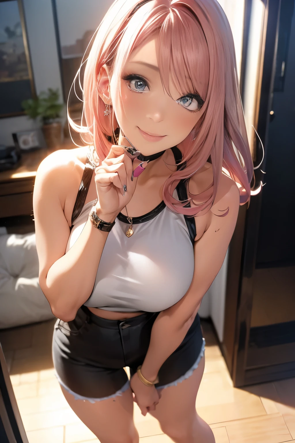 style of anime，darkened room，Sick girl，Flushed face，is shy，Blushlush，looking at the audience with love，Hold the knife in your hand，Bloodstained face，Plump breasts，Ragged clothes，grinning smile。