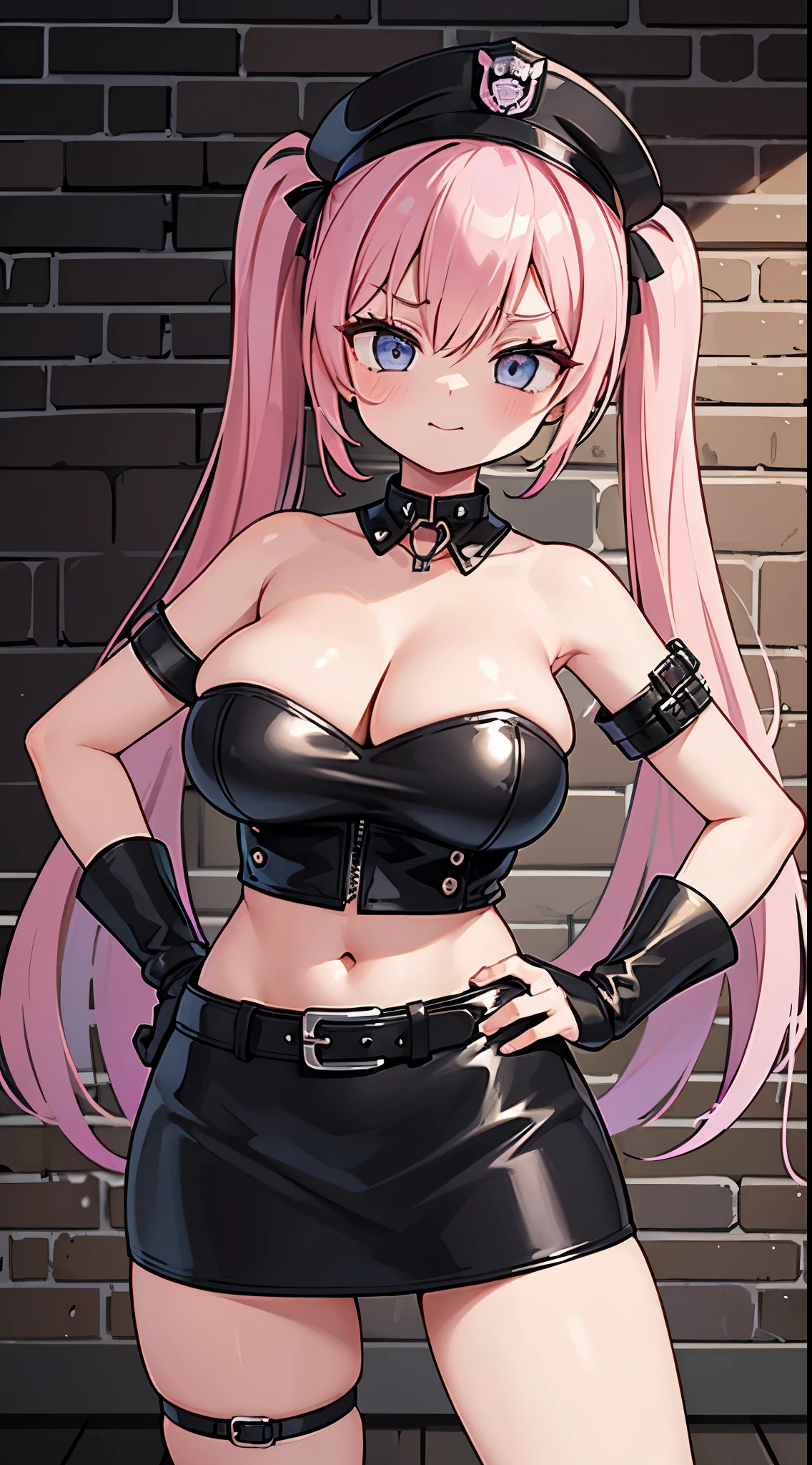 (masterpiece、top-quality、ultra-detailliert)、((1 girl))、((Pink hair twin tails))、light blue eyes、evilsmile、piercings、((very Bigger breasts))、Black tube top、leather、Strapless、cleavage、navel、Black arm cover、leather、black pencil mini skirt、leather、((black police hat))、Put your hands on your hips、Taken from below、((darkened room))、((Barred))、Brick Wall、
