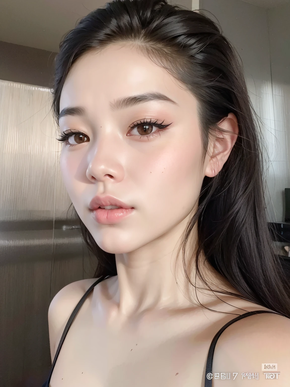 um close up de uma mulher com cabelos longos usando um top preto, maquiagem coreana popular, maquiagem sul-coreana popular, beautiful aesthetic face, korean face features, Mulher sul-coreana bonita, jennie blackpink, korean symmetrical face, linda mulher coreana jovem, young adorable korean face, mulher coreana jovem bonita, wan adorable korean face, rosto sexy com maquiagem completa, coreana