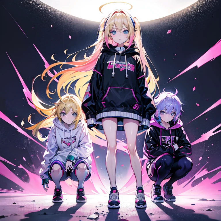 Dirt blonde anime girl in a flashy hoodie, colorful, cool, shy, full body:1.5