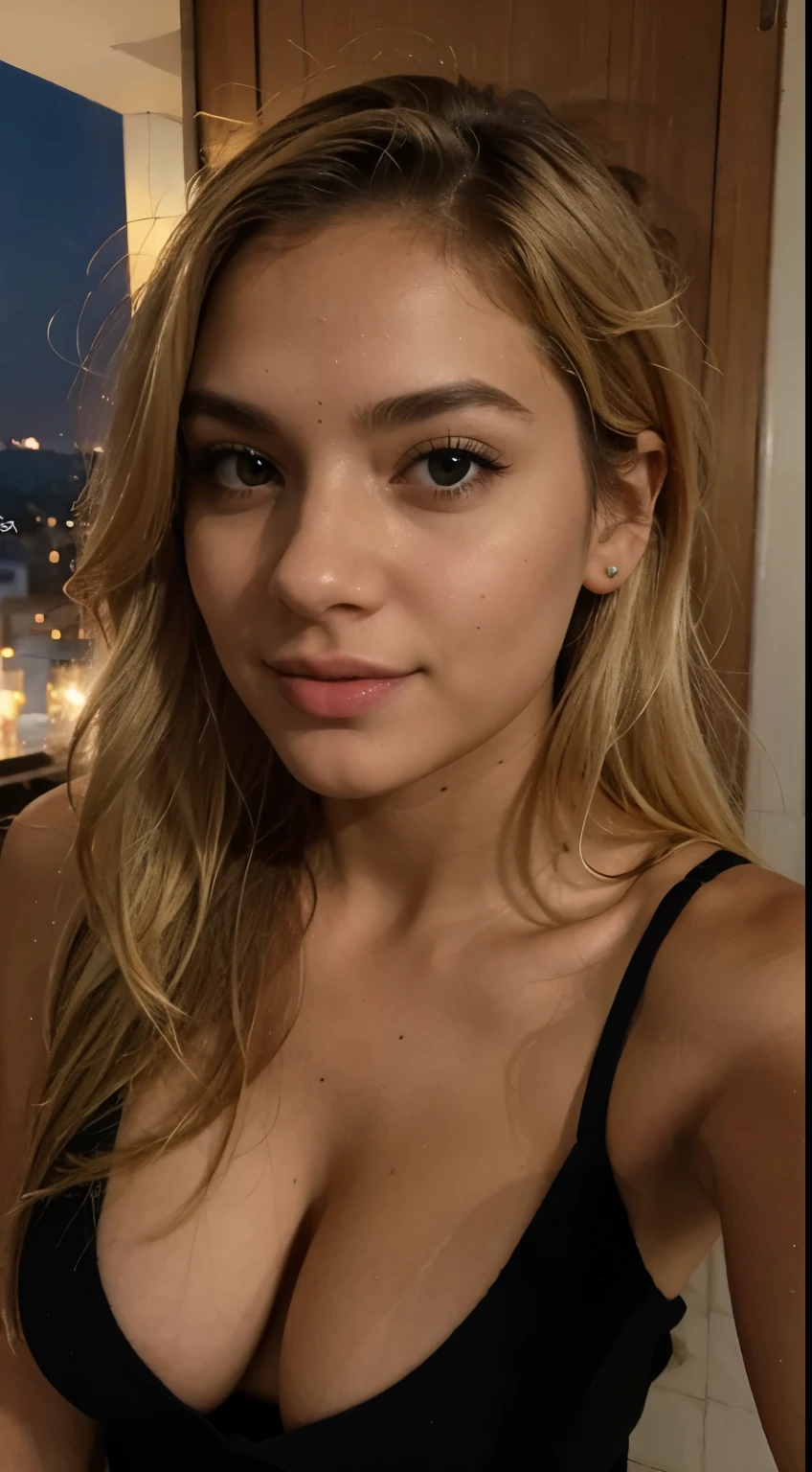 Chica rubia, selfie, de noche