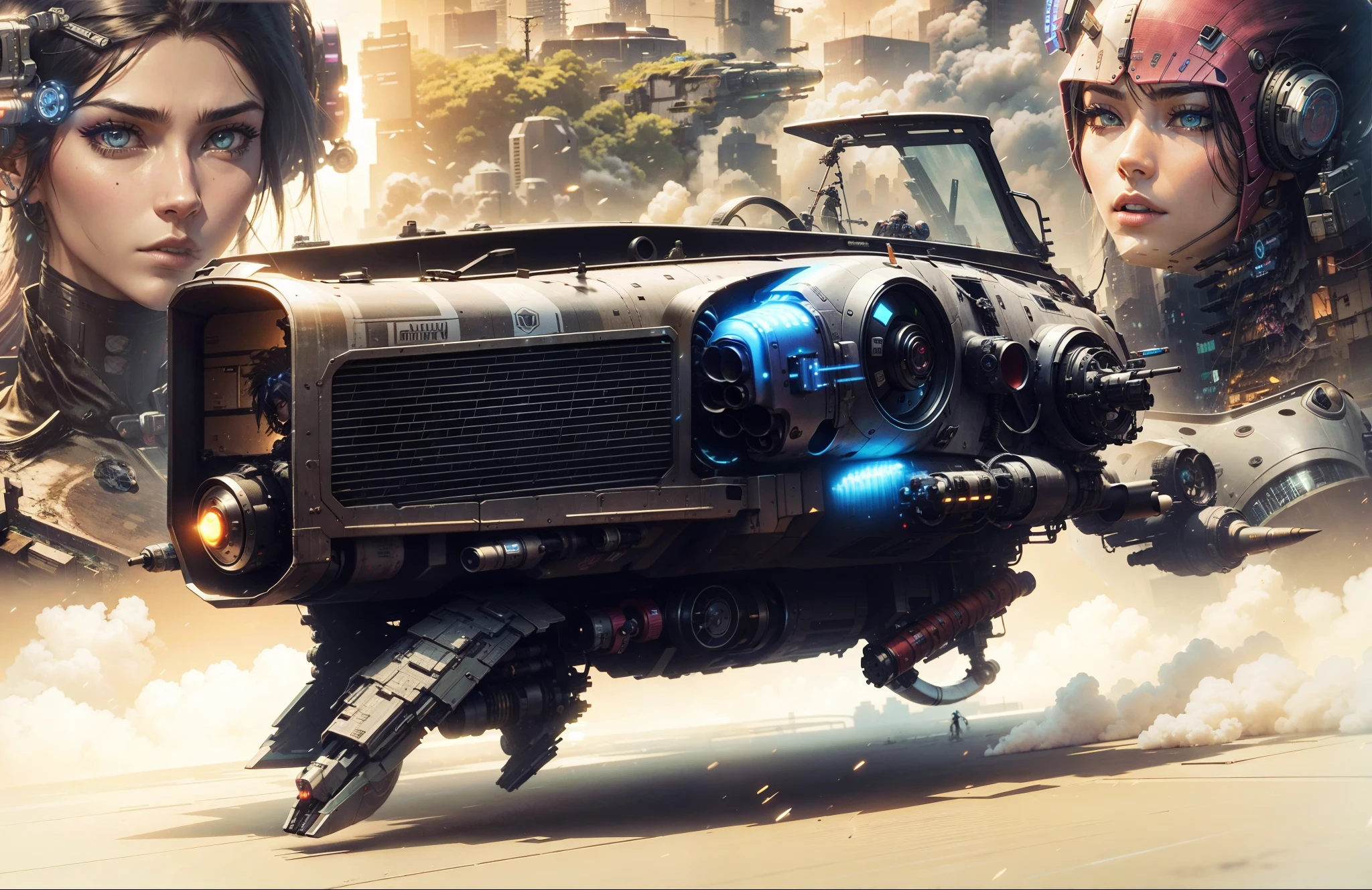 A Cyberpunk Hover Motor Bike carrying missiles in the foreground, close-up of 2 beautiful cyberpunk drivers with cyberpunk accessories and a cyberpunk city full of cyberpunk buildings and life in the background